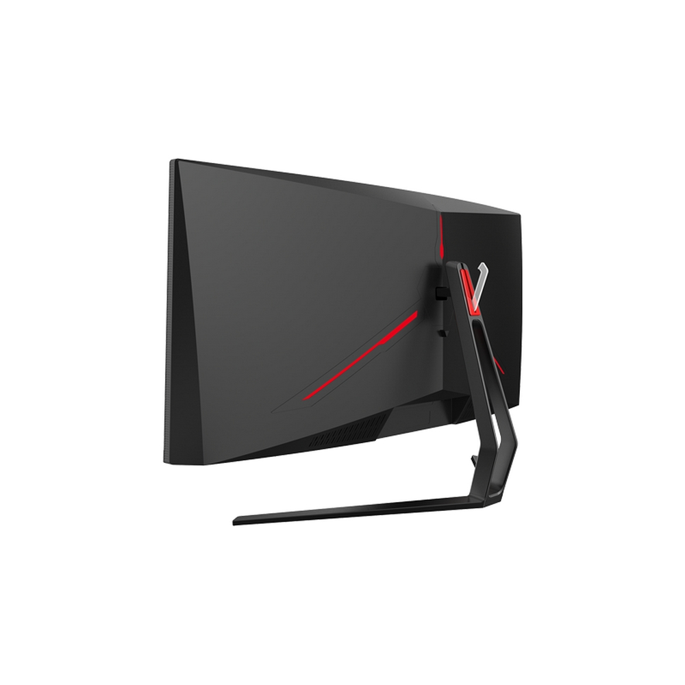 Czarny monitor komputera z czerwonymi akcentami z tyłu i czarną podstawką, widok z boku.
