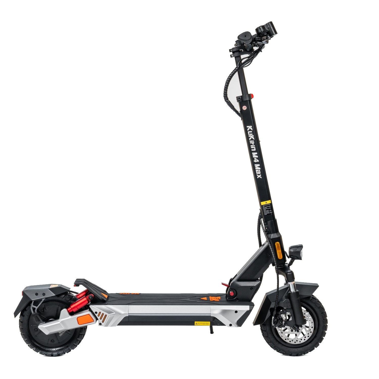 Scooter elettrico, vista laterale, con ruote, manubrio e display.