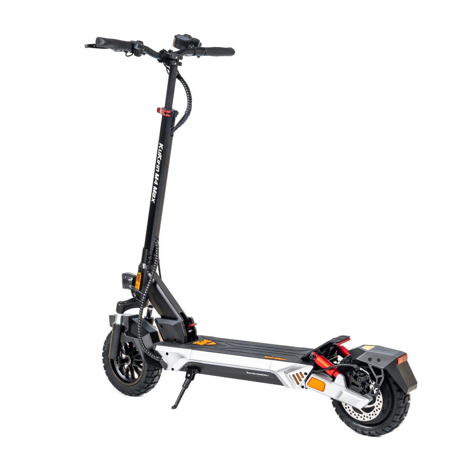 Scooter elettrico, vista laterale, con ruote, manubrio e display.
