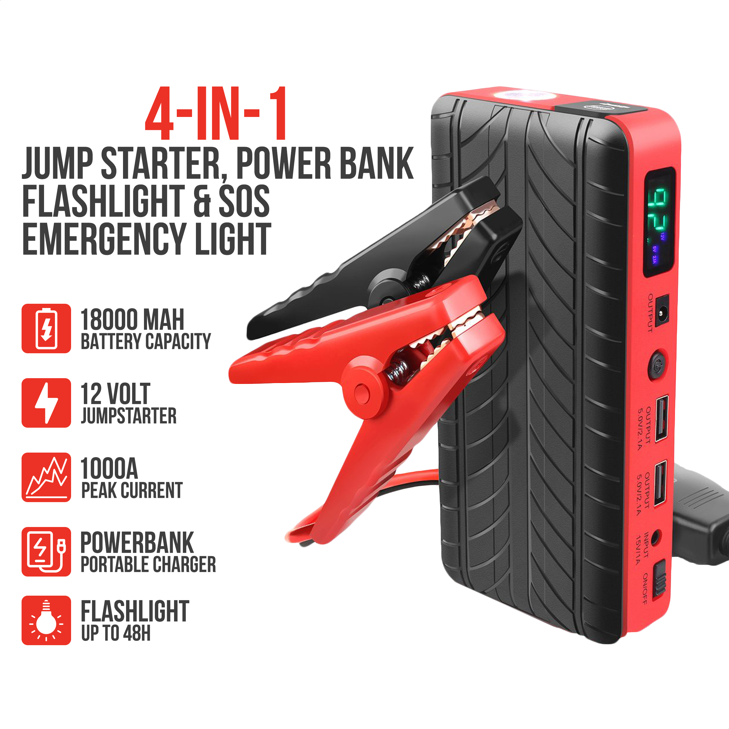 A 4-in-1 jump starter with a red and black design. Includes jumper cables, power bank, flashlight, and SOS emergency light.