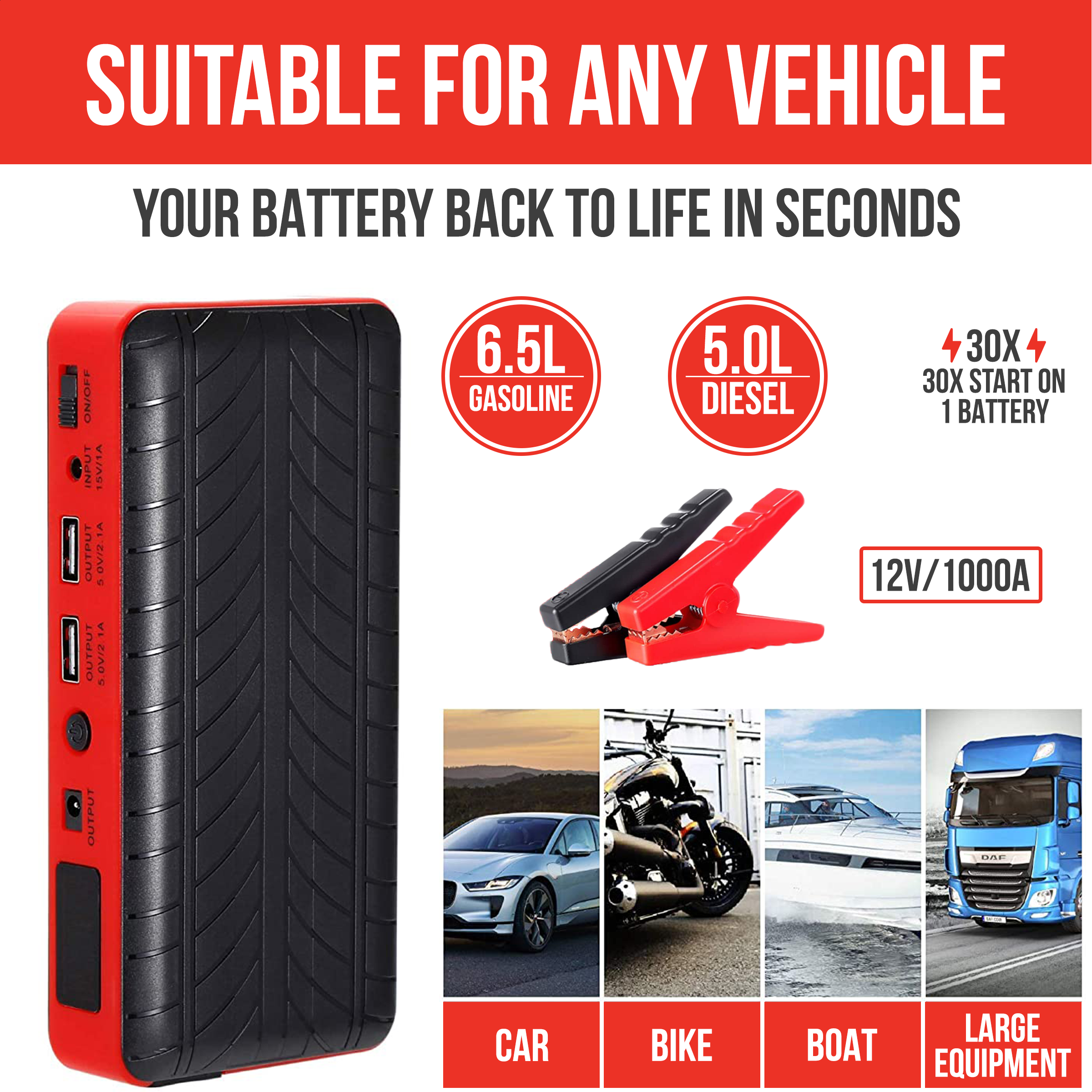 A red and black jump starter with text indicating it is suitable for any vehicle. Includes images of various vehicles.