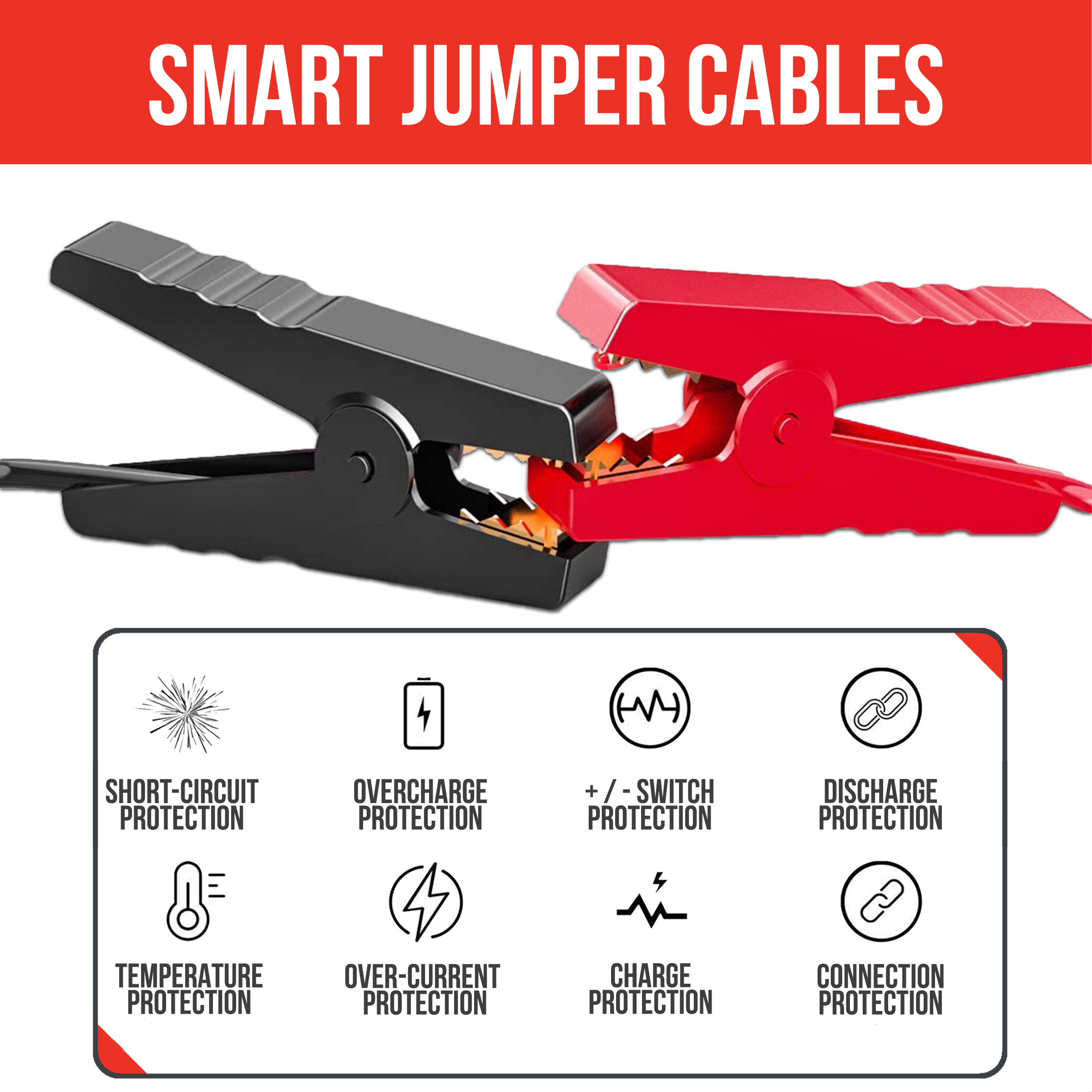 Smart jumper cables with black and red clamps. Icons for protection features like short-circuit and overcharge are shown.