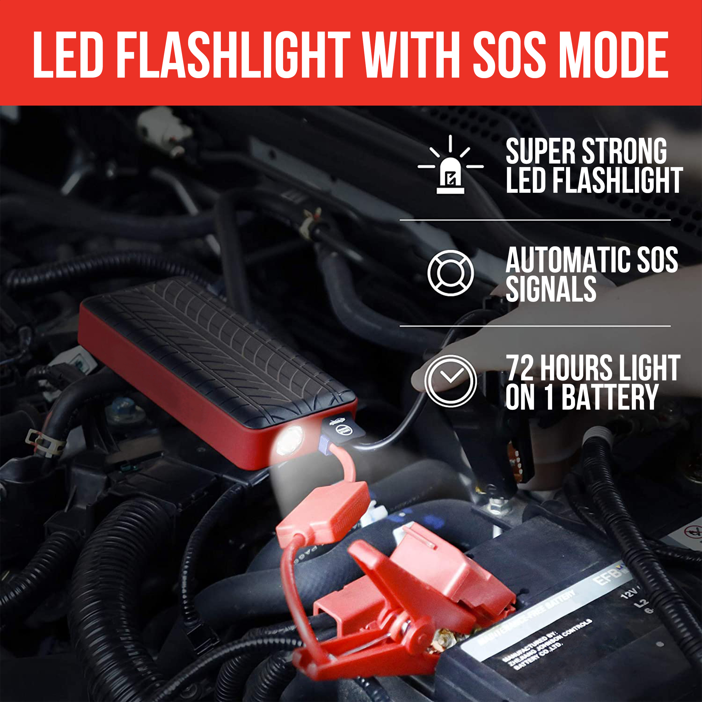Jump starter flashlight illuminating a car engine. Red and black starter is connected to a car battery with jumper cables.
