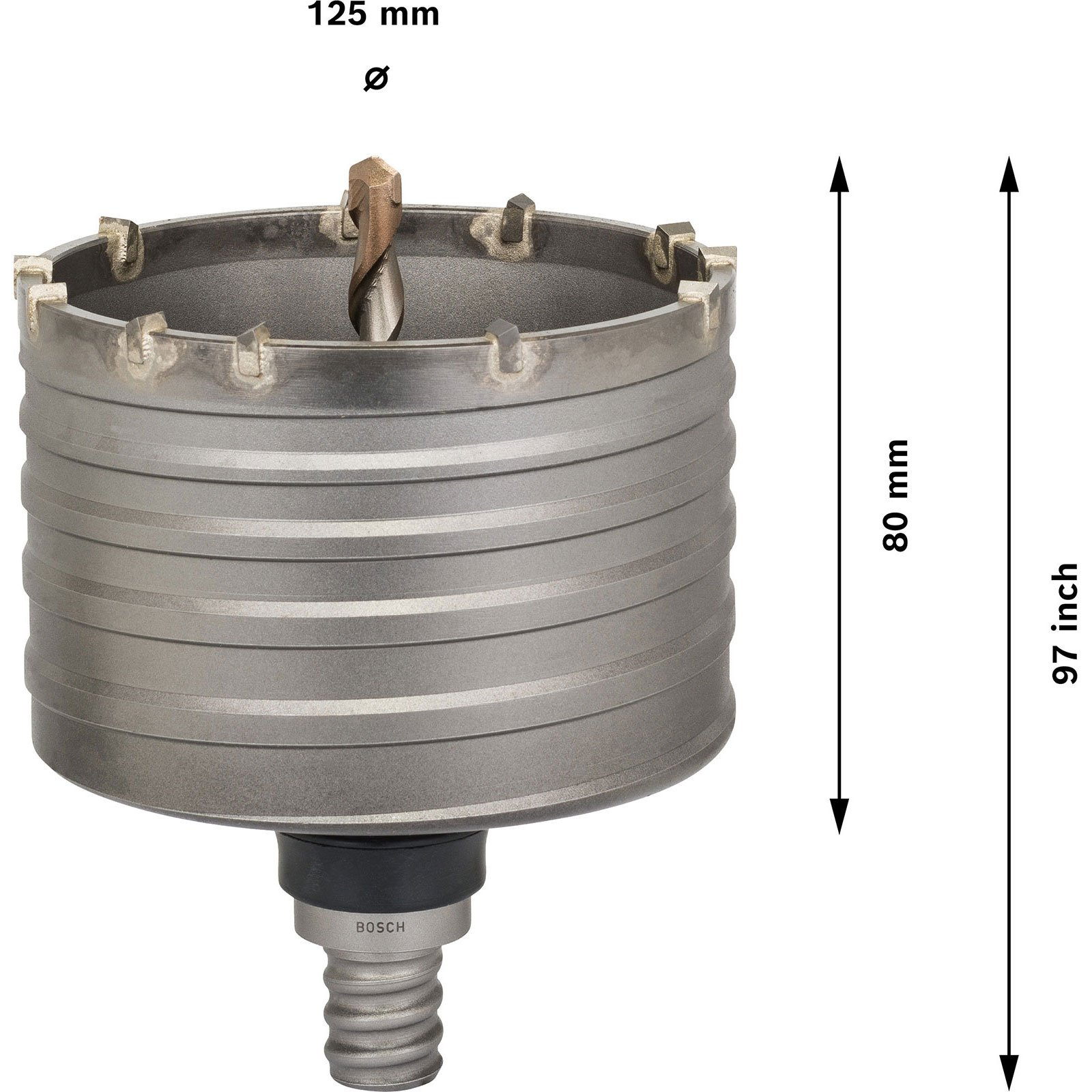 Ein Metallkernbohrer. Er hat einen Bohrer in der Mitte. Die Abmessungen sind 125 mm, 80 mm und 97 Zoll.