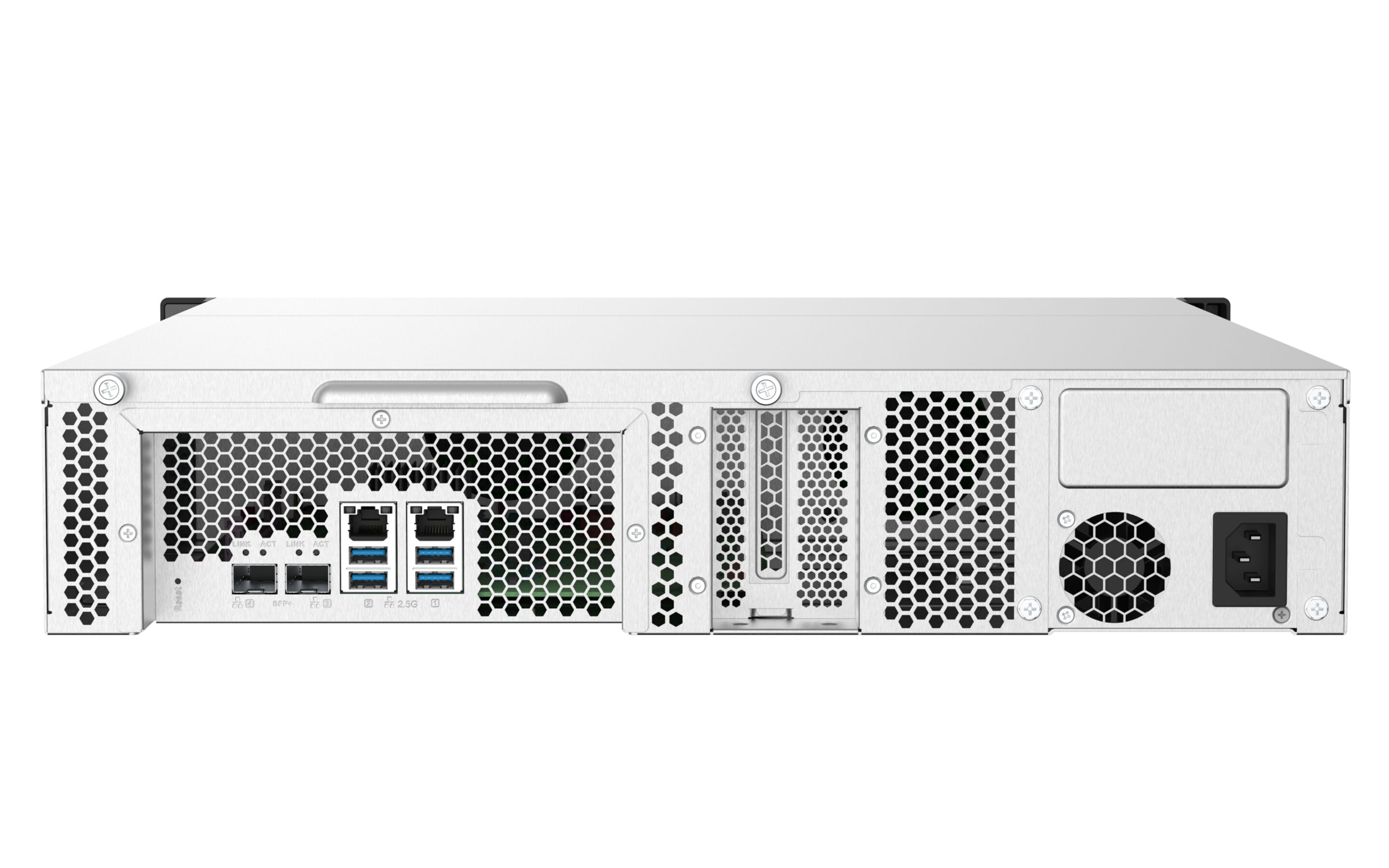 Vista posteriore di un server NAS bianco. Ha varie porte, griglie per ventole e un ingresso di alimentazione CA. Sfondo bianco.