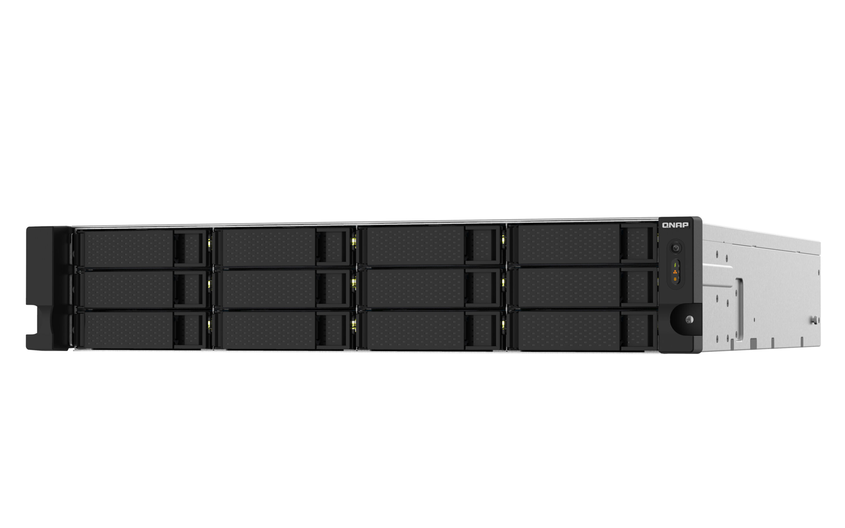 Un dispositivo NAS (Network Attached Storage) con alloggiamenti per unità multiple su uno sfondo bianco.
