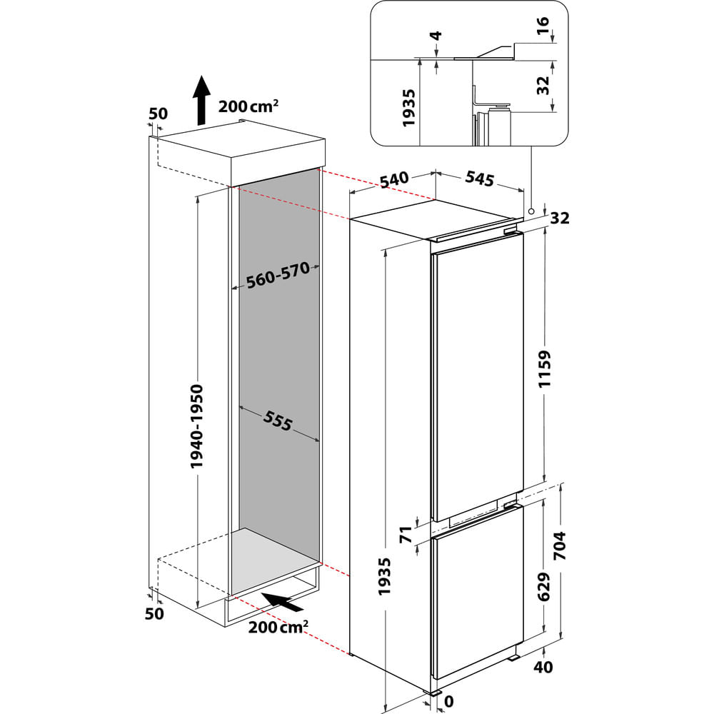 Disegno tecnico di un frigorifero che mostra le dimensioni e le specifiche di posizionamento, comprese le misure di altezza, larghezza e profondità.
