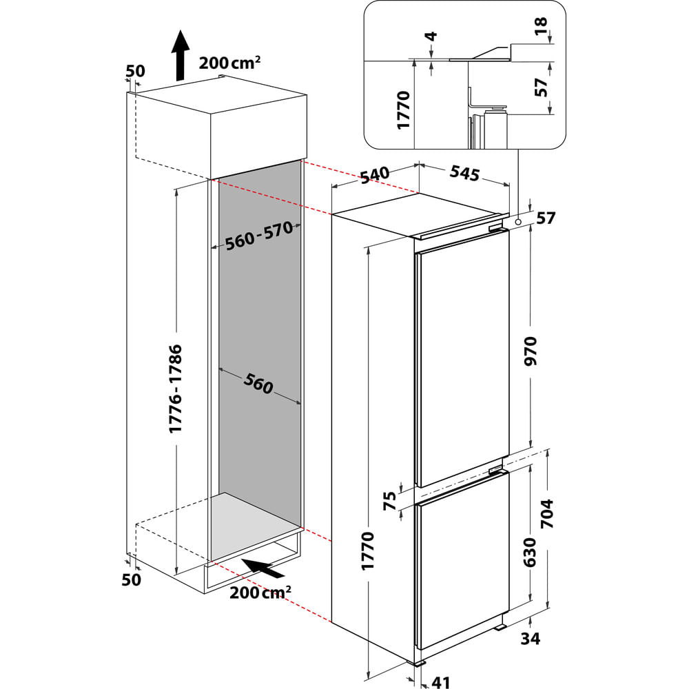 Diagramma di un frigorifero. Il diagramma mostra misure e dimensioni dell'apparecchio.