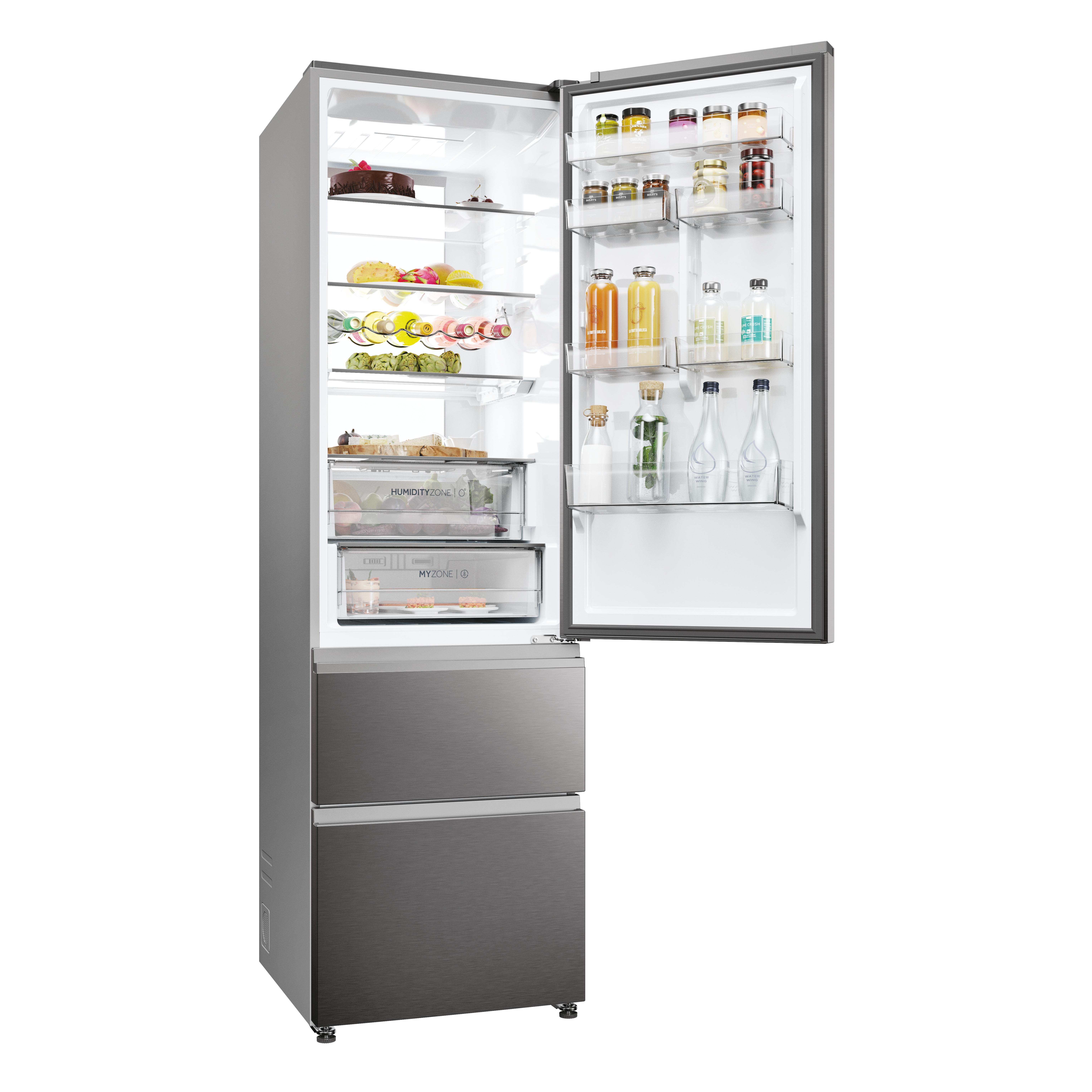 Srebrna lodówka z otwartymi drzwiami, pokazująca półki pełne jedzenia i dolną szufladę.