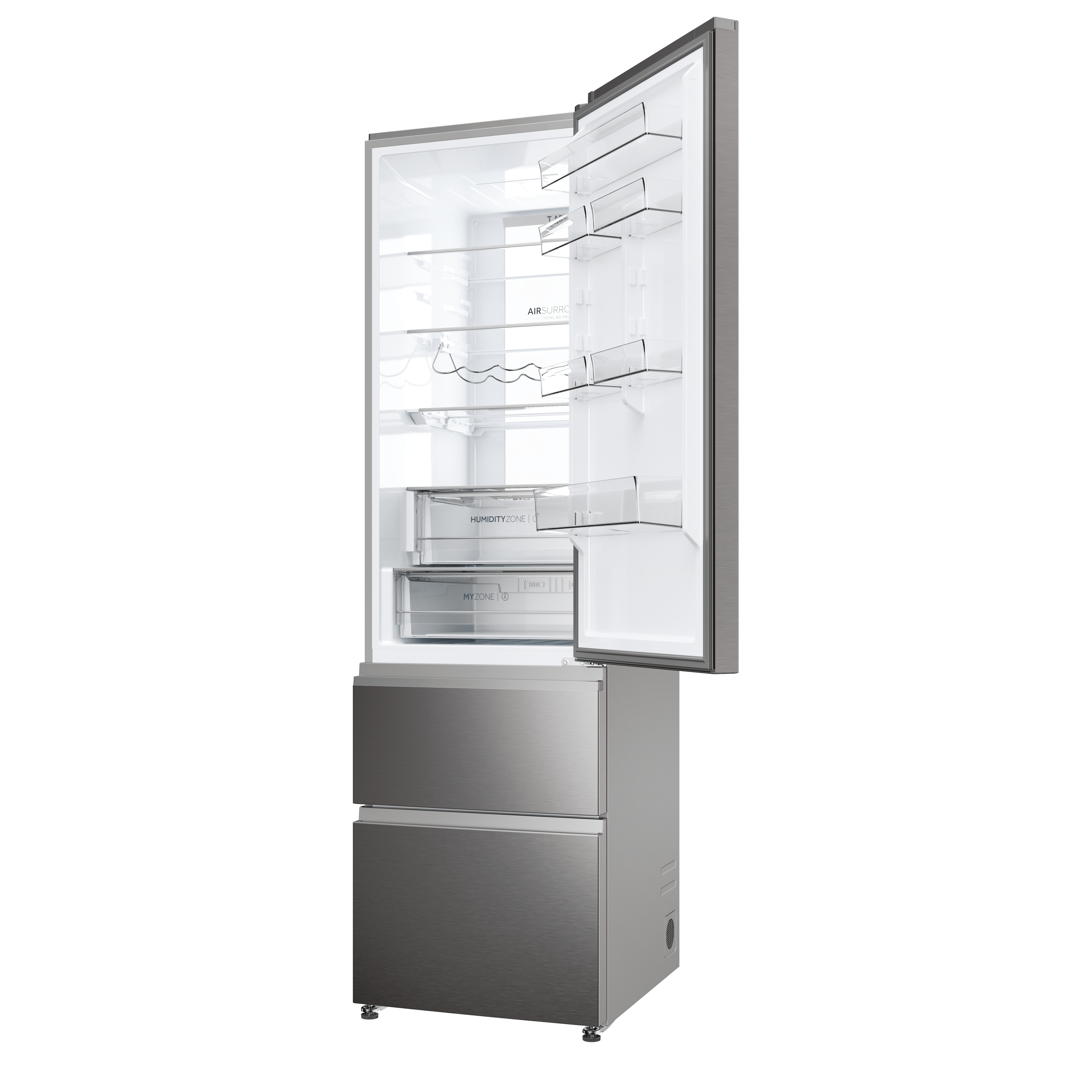 Srebrna lodówka z otwartymi drzwiami, odsłaniająca półki i szuflady. Wnętrze drzwi ma półki.