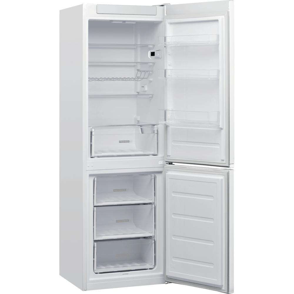 Frigorifero bianco con porte aperte. All'interno ci sono ripiani e cassetti. Il frigorifero è davanti a uno sfondo bianco.