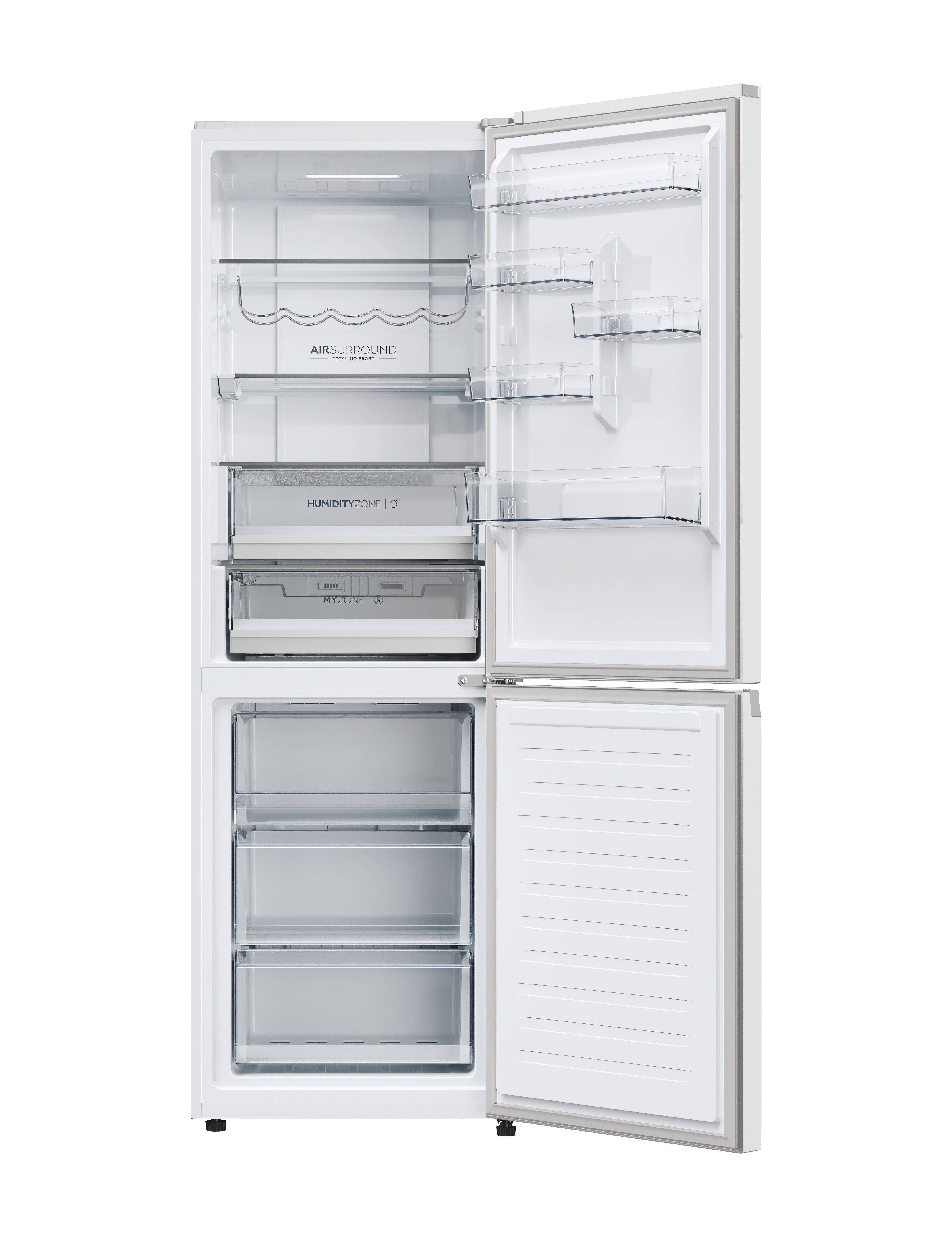 Frigorífico blanco, puertas abiertas mostrando estantes, cajones y almacenamiento. Incluye zonas de aire envolvente y myzone.