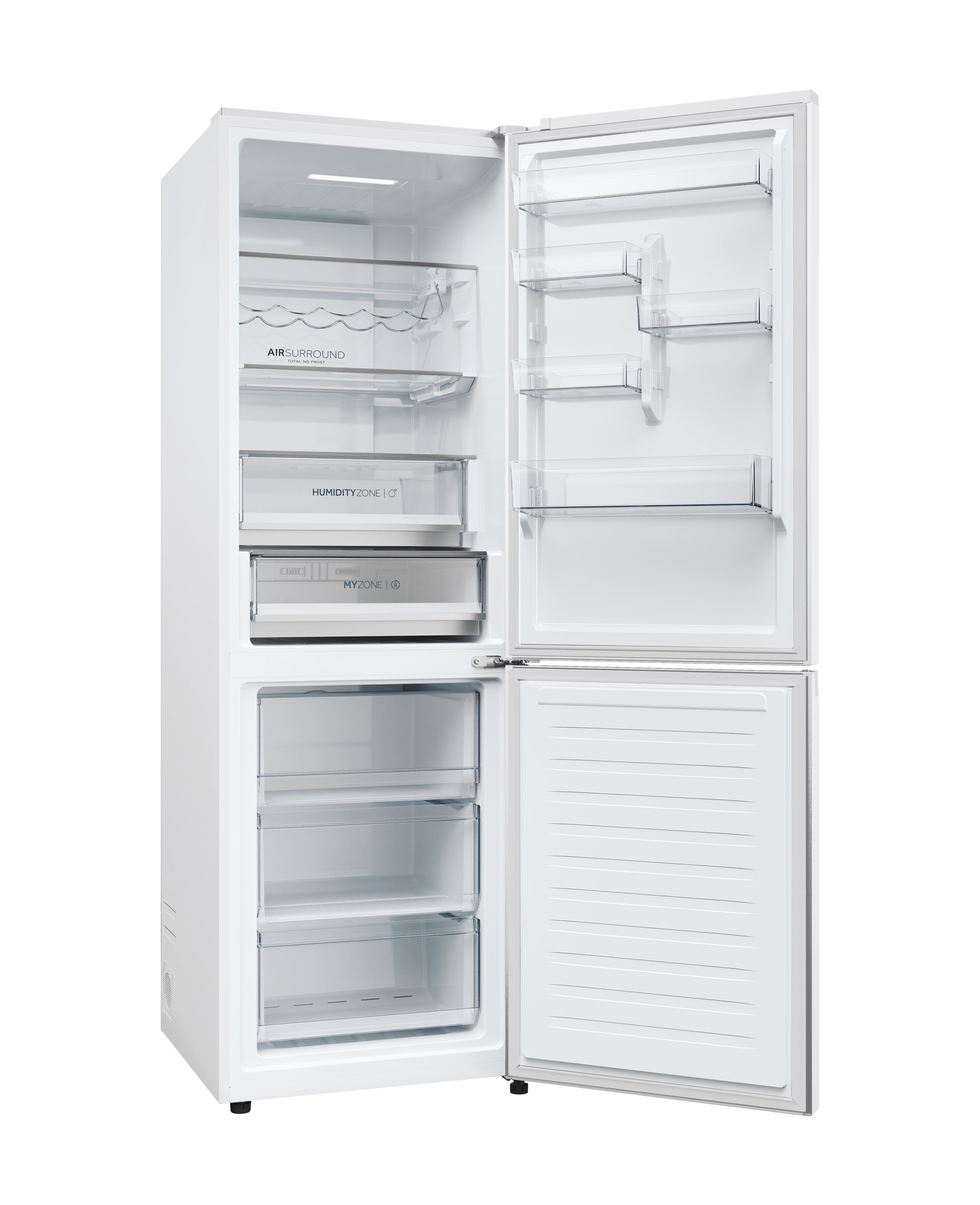 Refrigerador blanco con puertas abiertas, revelando estantes y cajones. La puerta tiene estantes y la parte inferior cajones.