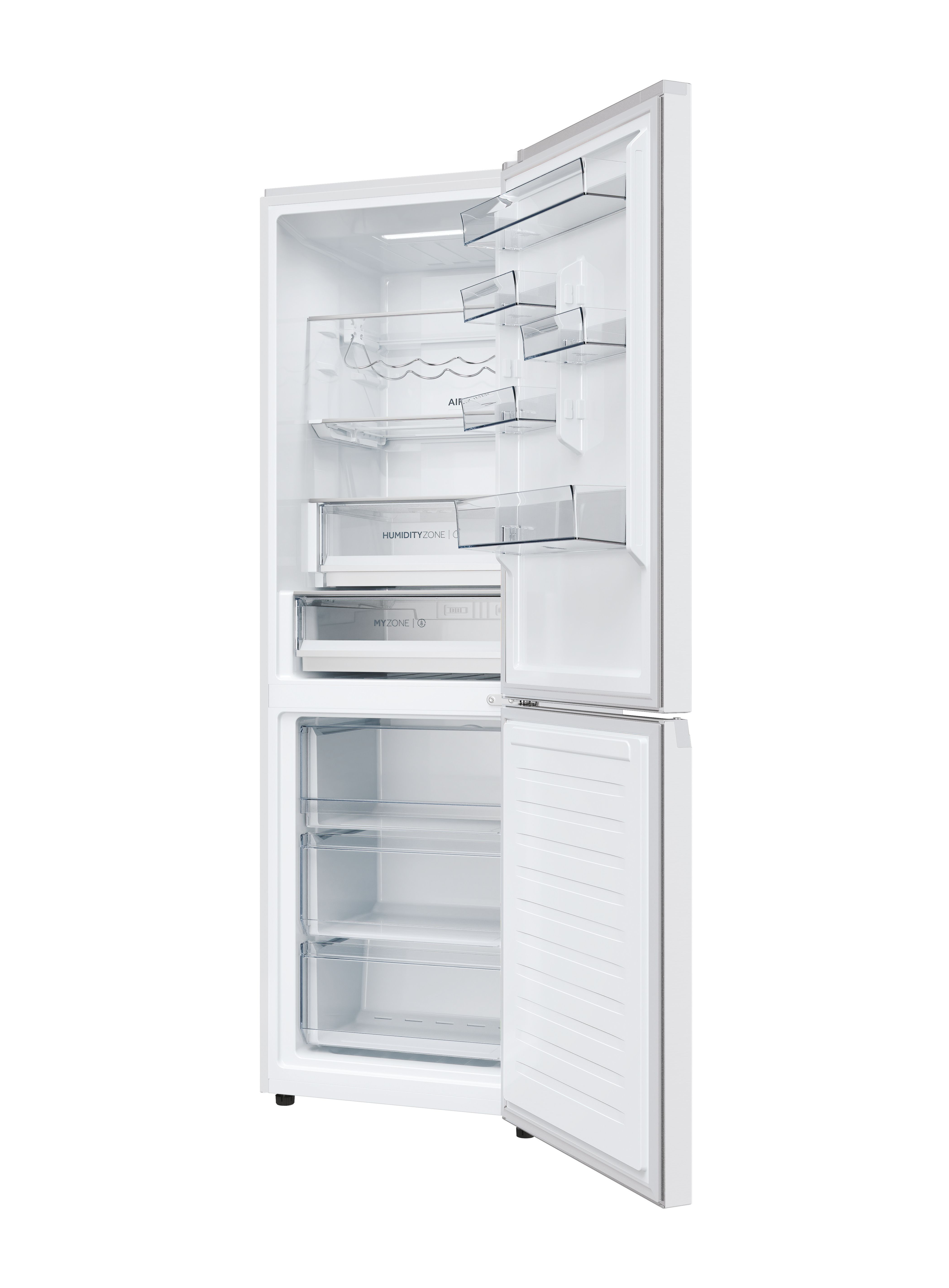 Frigorífico blanco con puertas abiertas, estantes, cajones y máquina de hielo, sin alimentos.