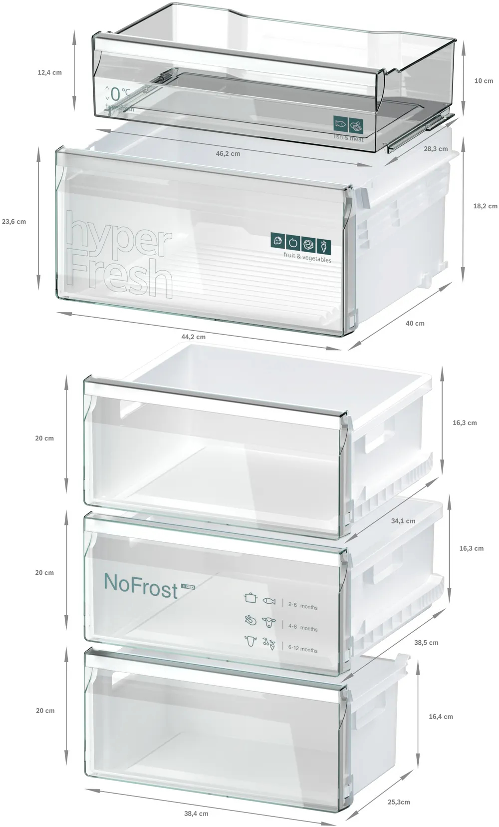 Diagramm von Kühlschrank-Schubladen, mit Maßangaben. Die Schubladen zeigen Stauraum und Funktionen.