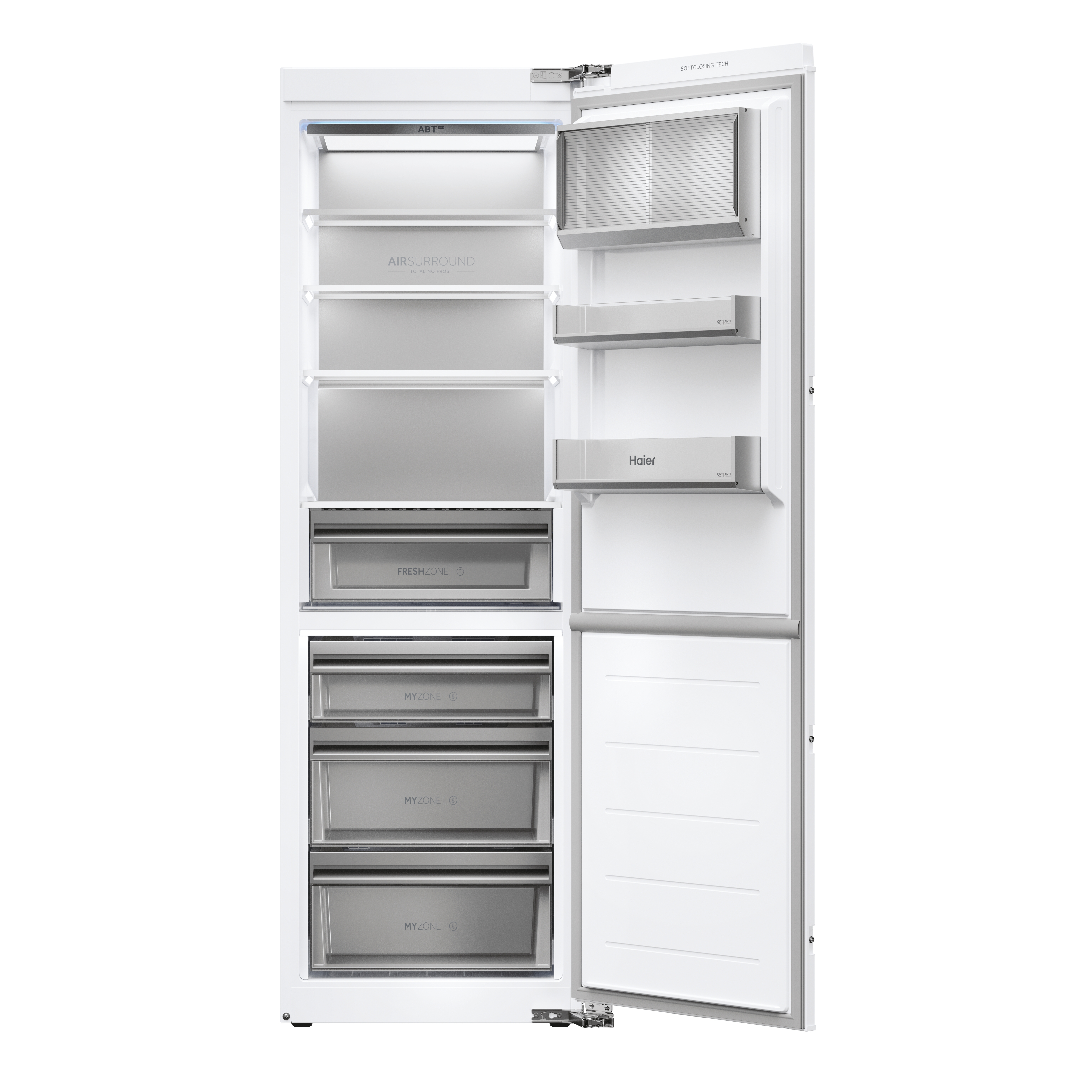 Refrigerador blanco abierto que muestra detalles interiores. Incluye estantes, cajones y el logotipo de Haier.