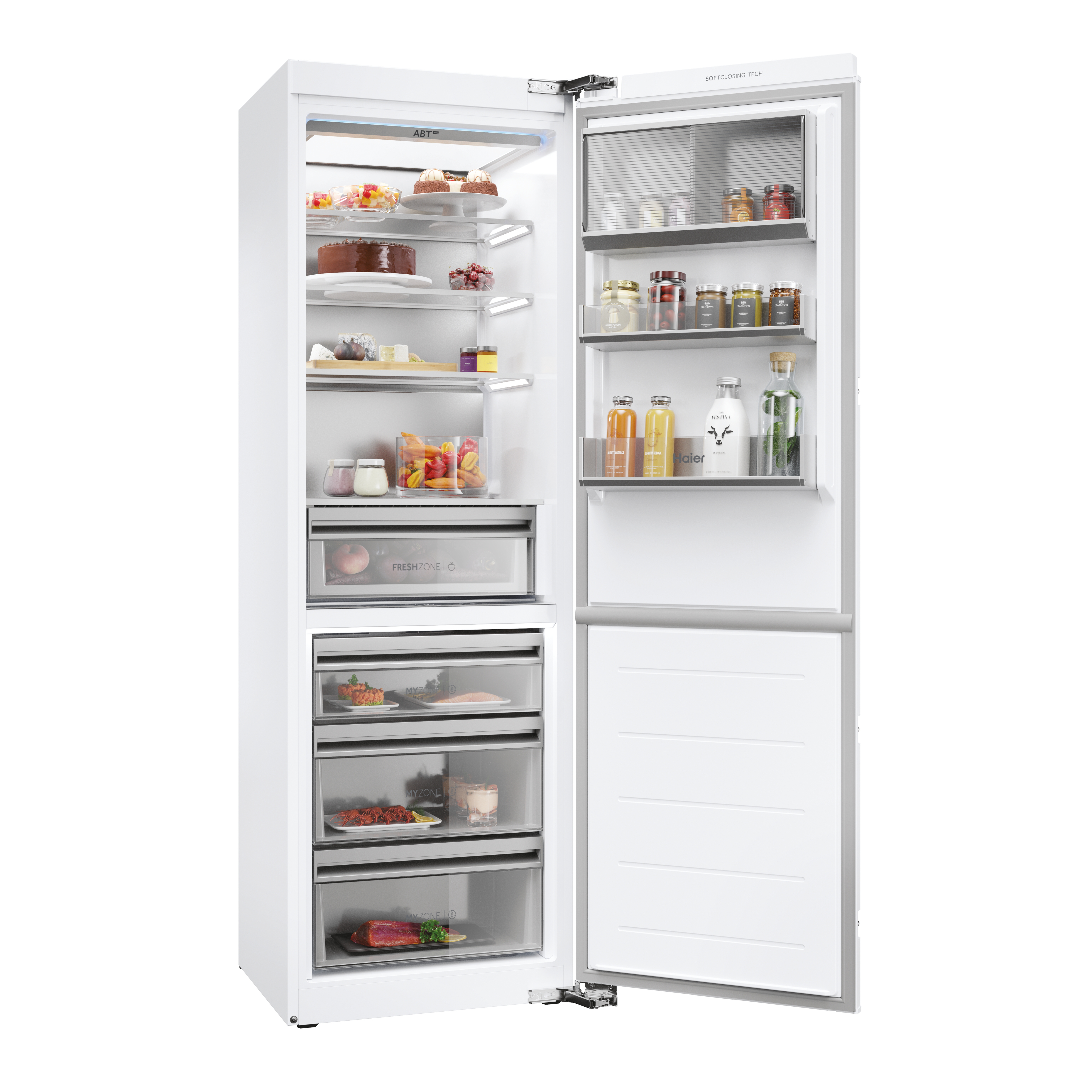 Refrigerador blanco abierto lleno de comida. Contiene pasteles, frutas y productos. Tiene cajones y estantes.