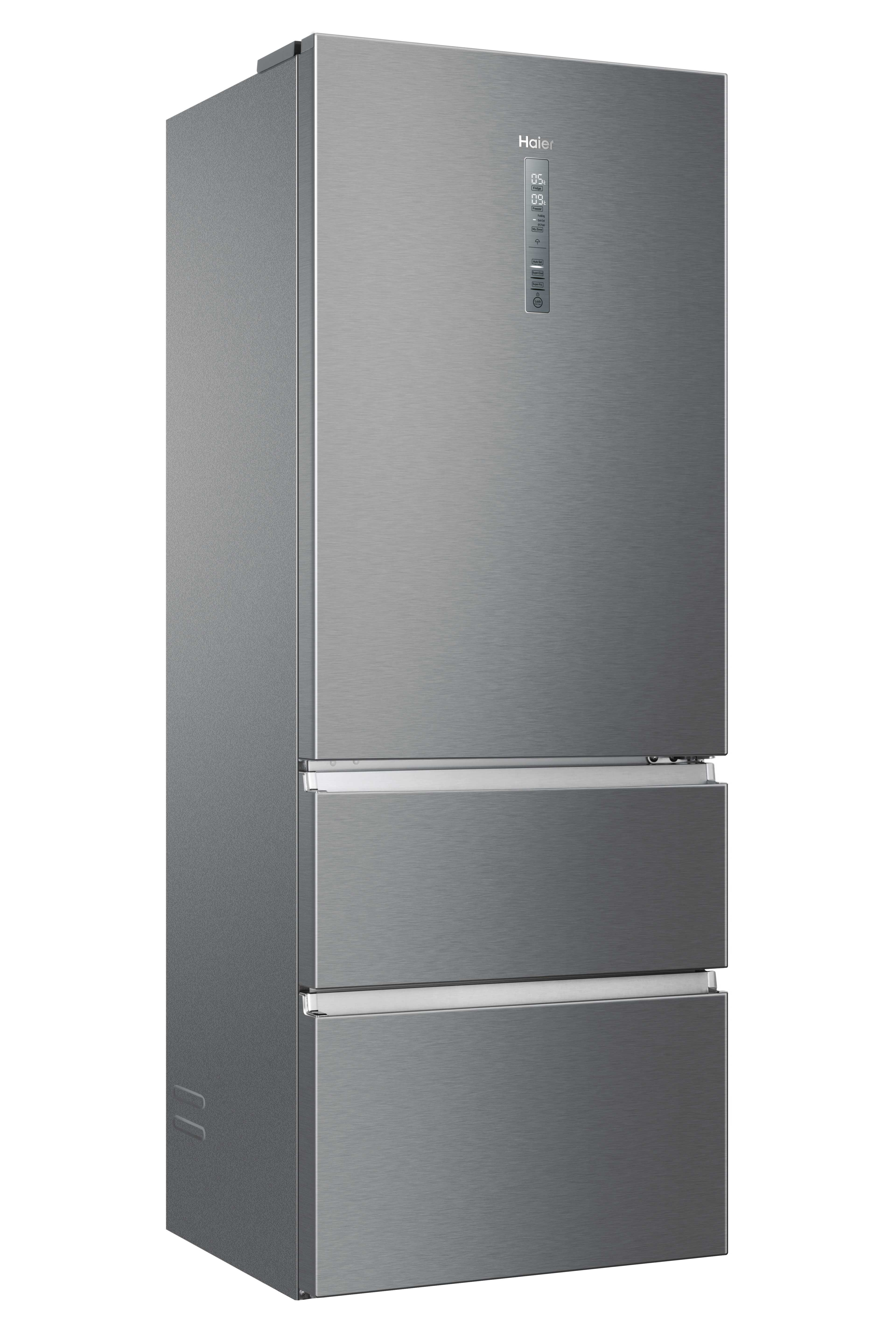 Şık ve modern bir tasarıma sahip üç kapılı gri Haier buzdolabı.