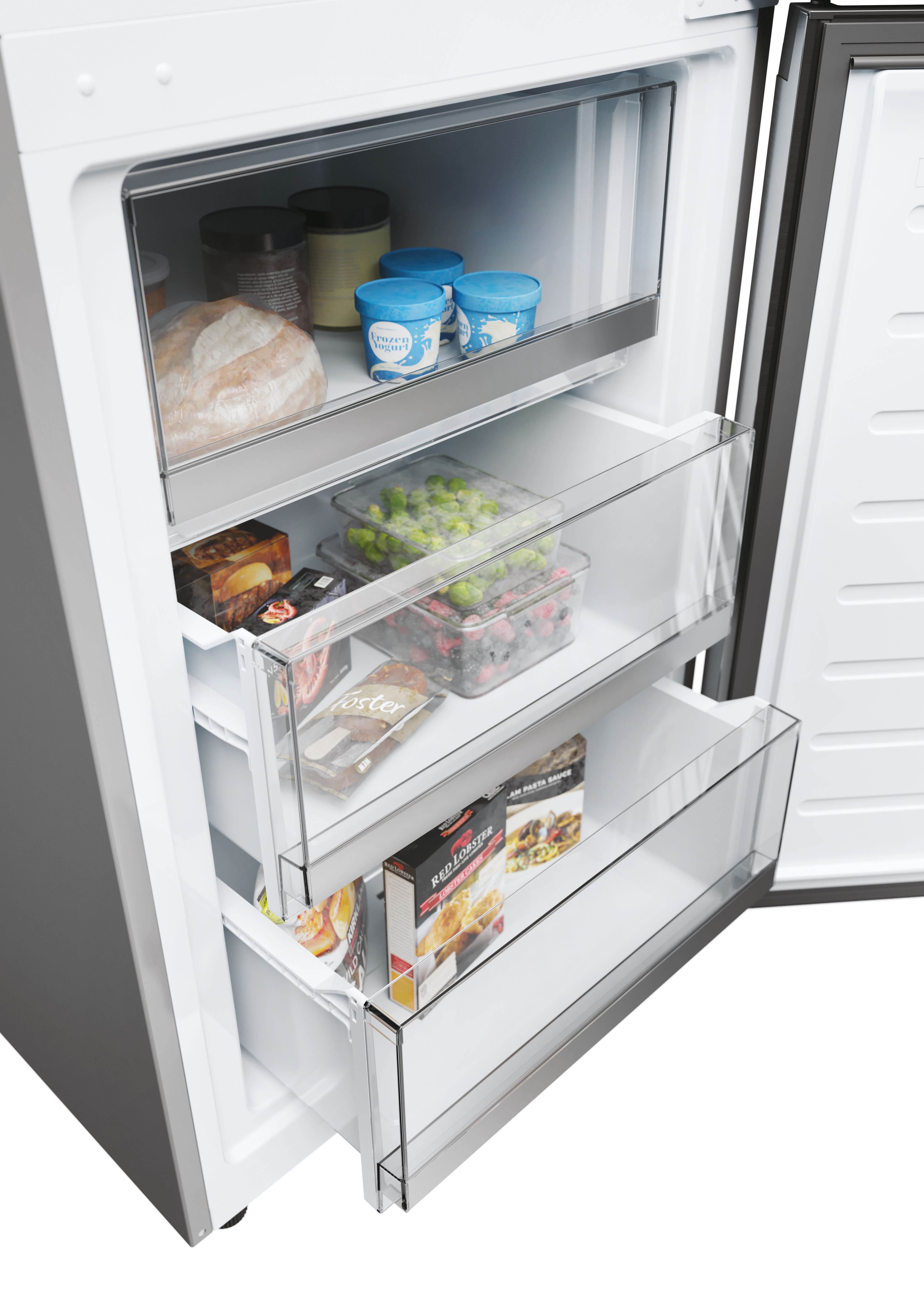 Dentro un frigo: cassetti con cibi surgelati, pane e gelato sono esposti.