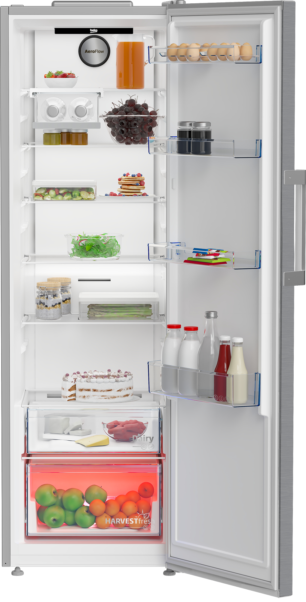 Refrigerador abierto lleno de varios alimentos y bebidas, cuidadosamente organizados en estantes y cajones.