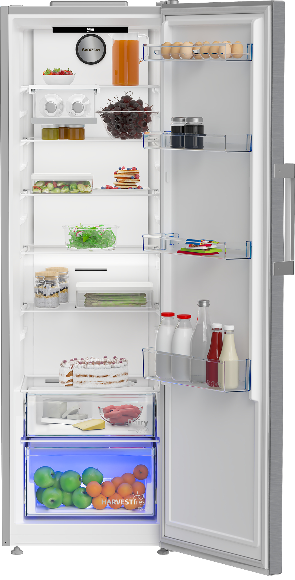 El interior abierto de un refrigerador, lleno de varios alimentos en estantes y cajones.
