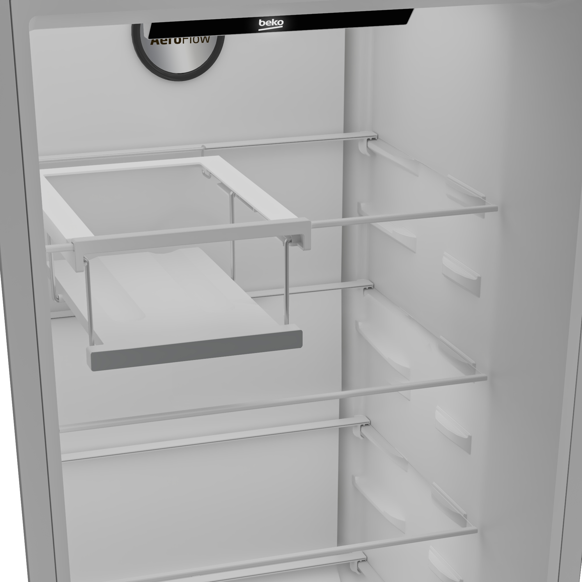 Vista interior de un refrigerador blanco con estantes y el sistema Beko AeroFlow visible.