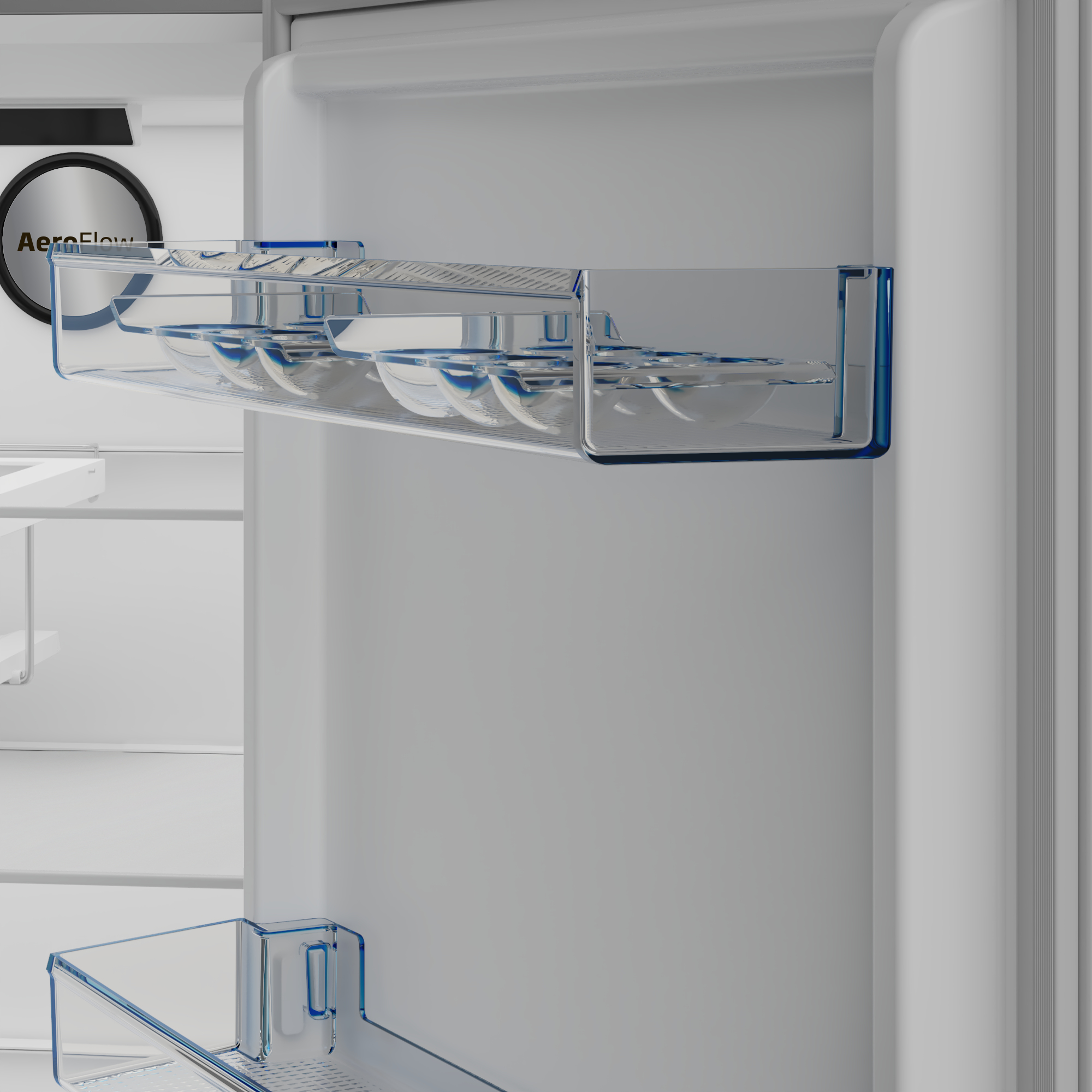 Interior de un refrigerador blanco con estantes transparentes con borde azul y un huevera.