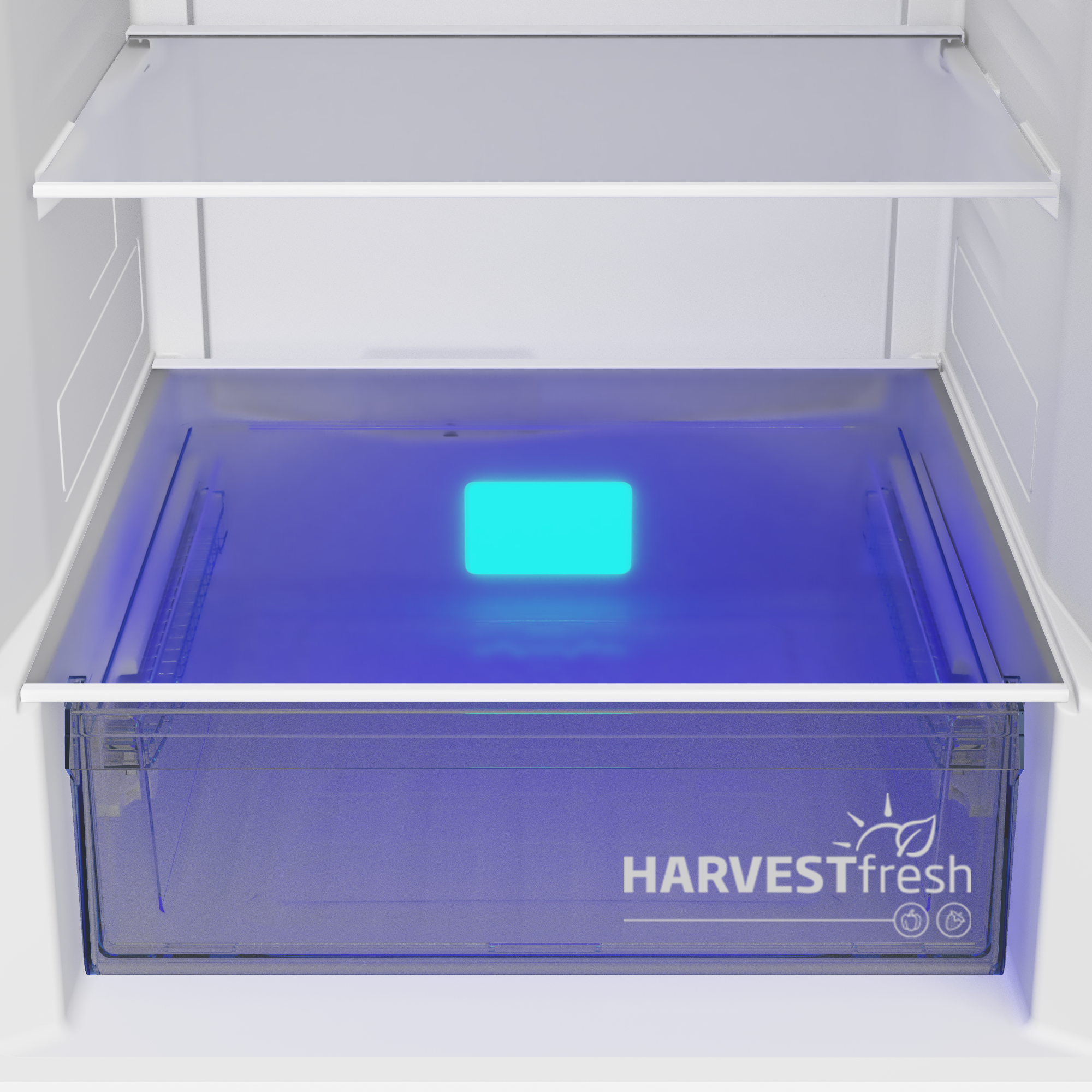 Cajón de refrigerador con luz azul y el texto 'HARVESTfresh' en el frente.