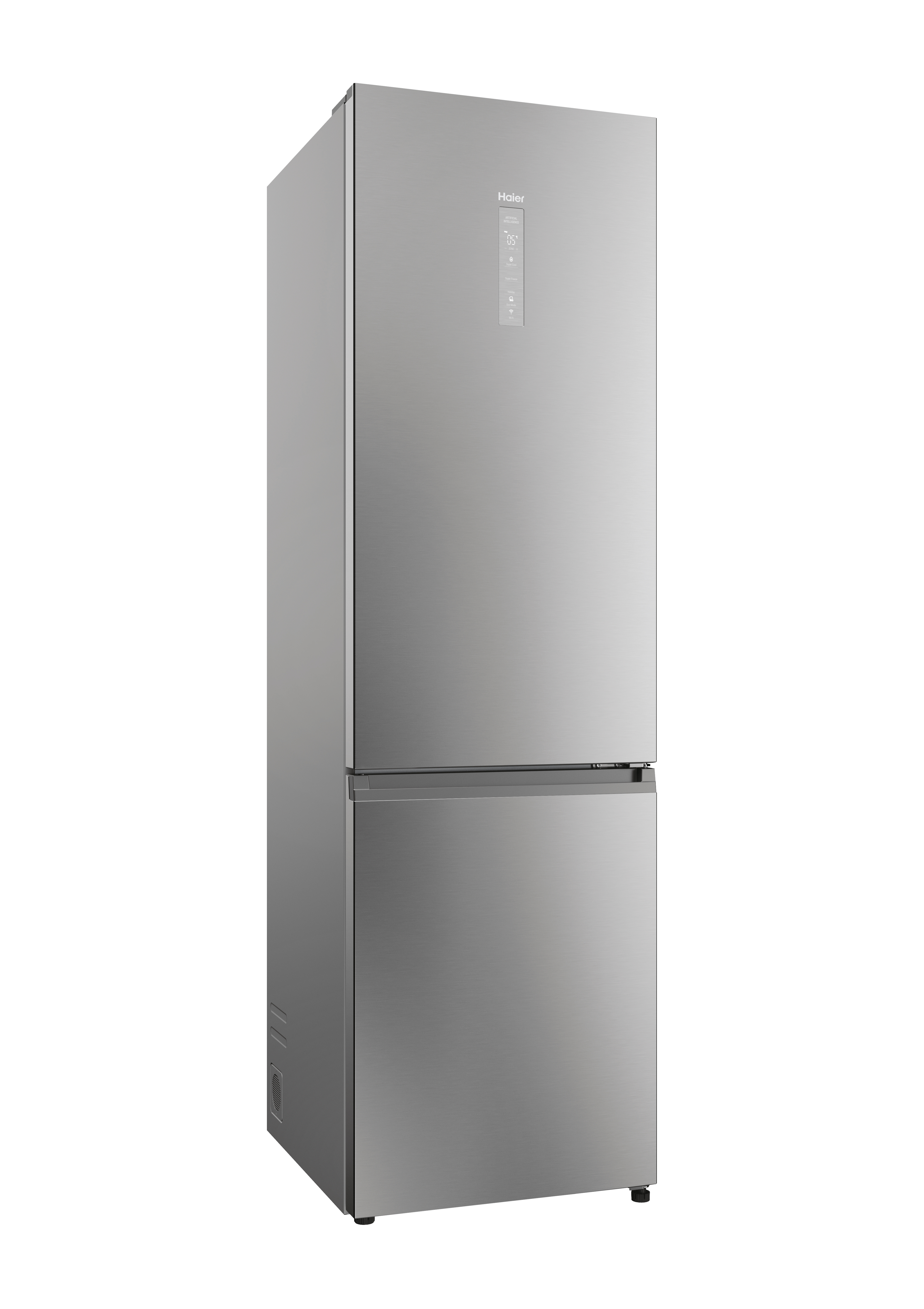 Ein silberner Kühlschrank, der allein steht. Die Tür ist geschlossen, das Design ist schlank und modern.