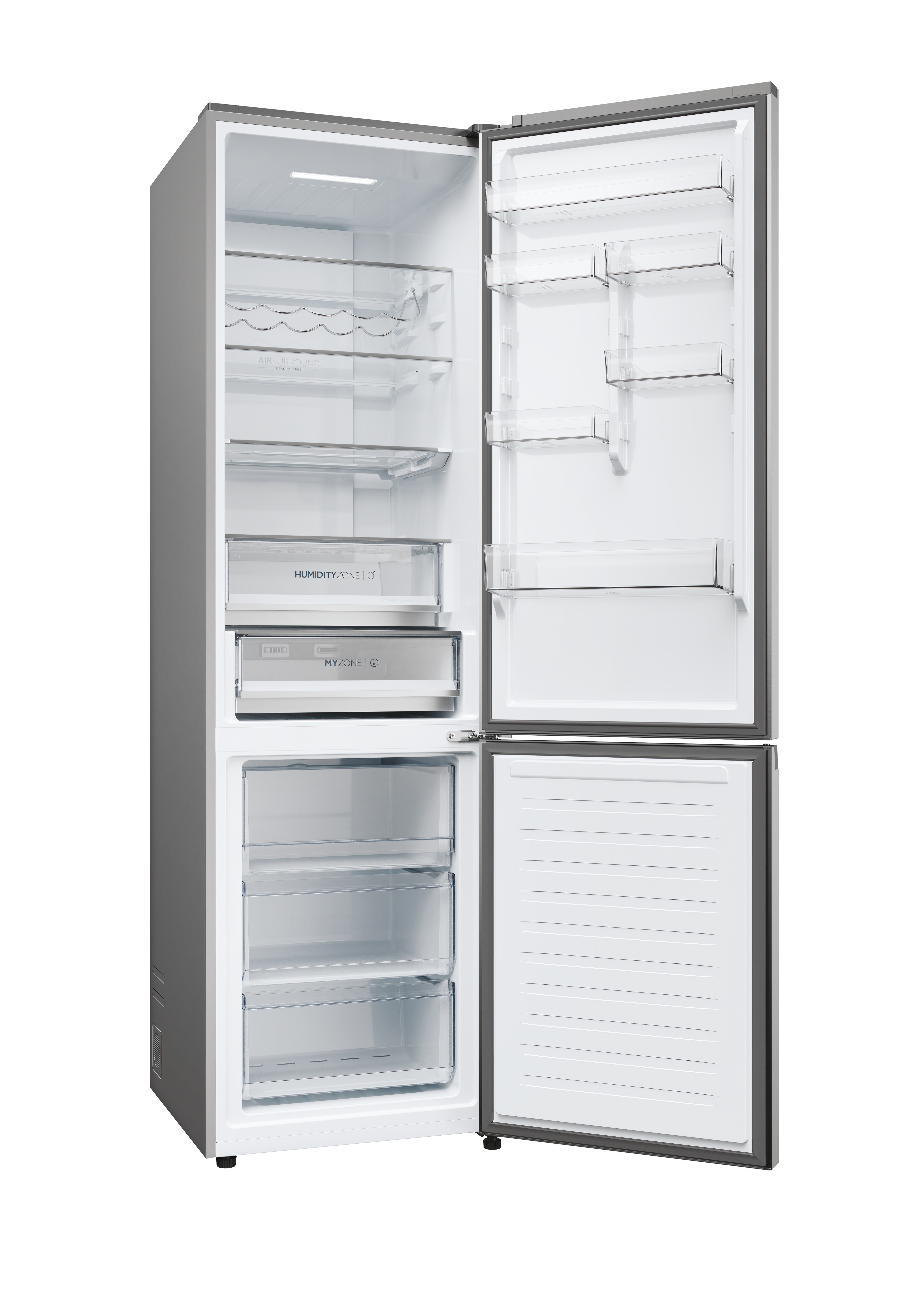 Ein Kühlschrank mit offenen Türen, der das Innere mit Staufächern und Regalen zeigt.
