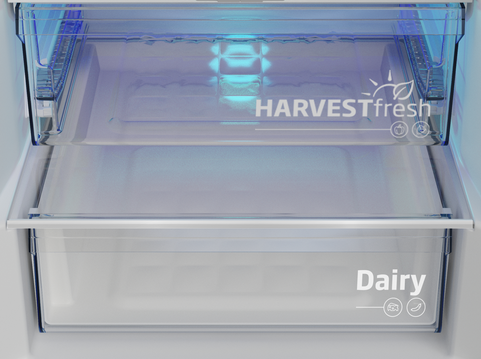 Cajón de refrigerador abierto con las palabras HARVEST fresh y Dairy. Hay un cajón transparente vacío en la parte superior y un cajón blanco en la parte inferior.
