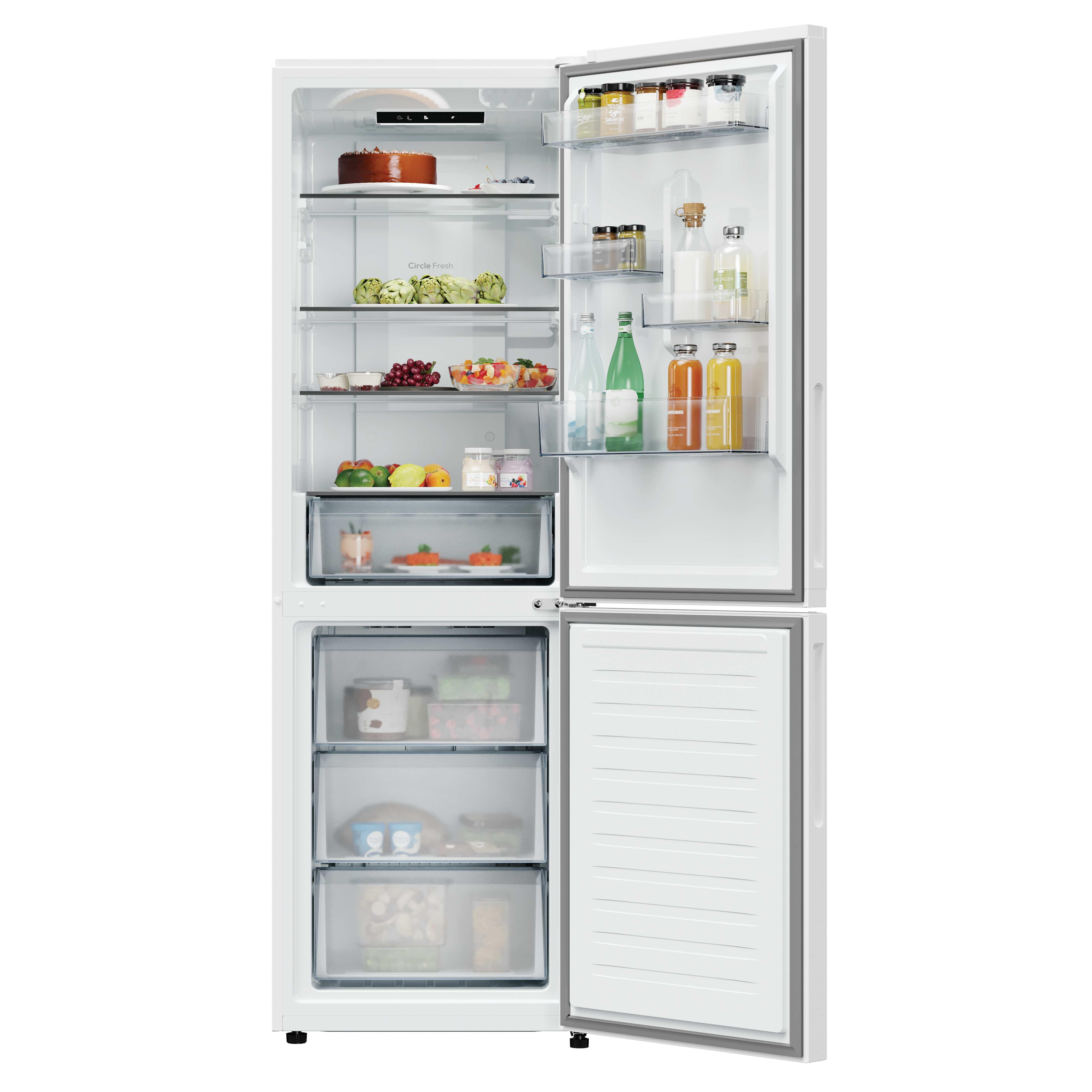 Frigorífico-congelador blanco abierto lleno de varios alimentos, incluyendo frutas, verduras y bebidas.