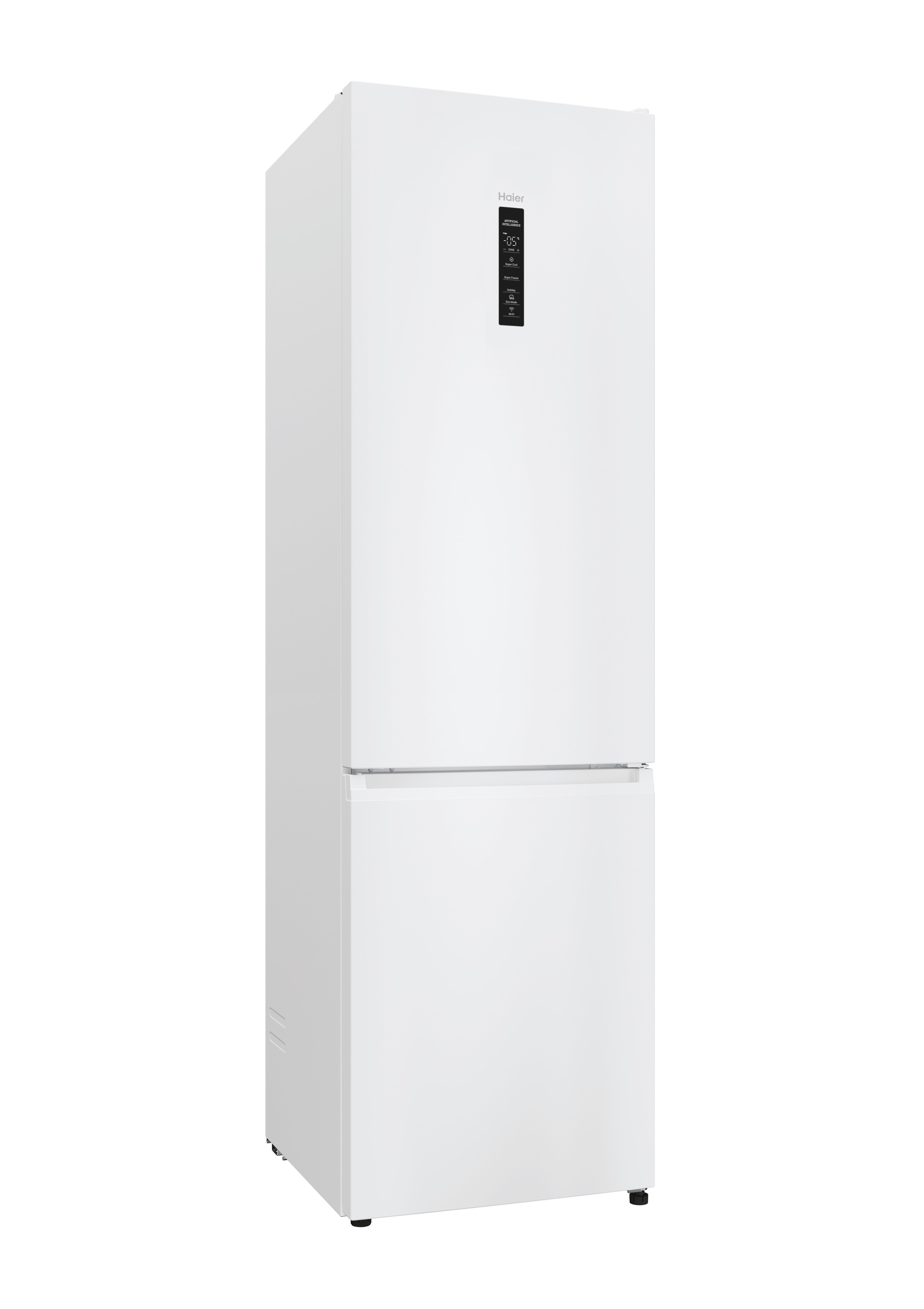 Un refrigerador blanco con dos puertas. La puerta superior tiene una pantalla digital. La puerta inferior es blanca.