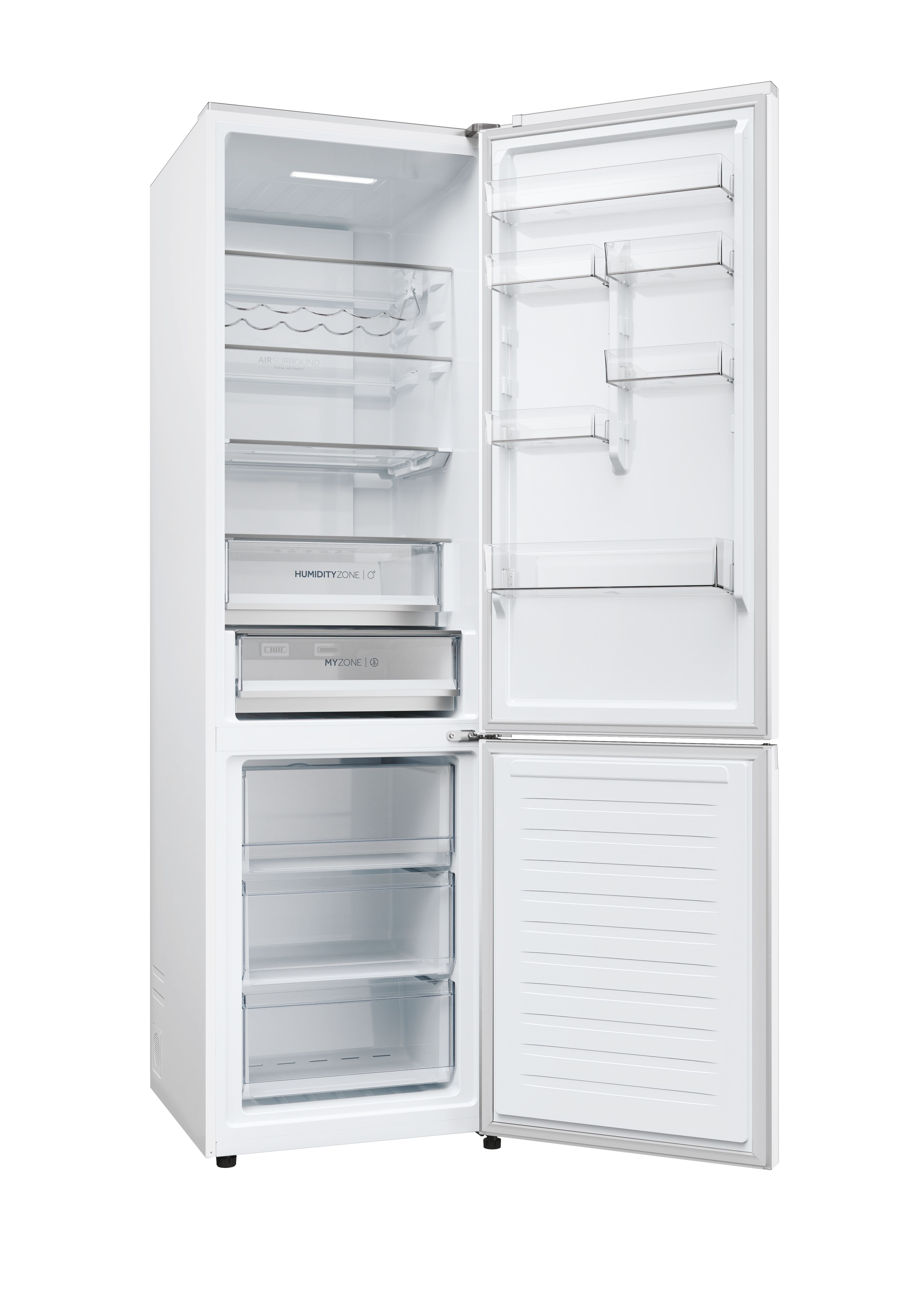 Un refrigerador blanco, abierto para mostrar el interior. Se ven estantes y cajones, con alimentos dentro.