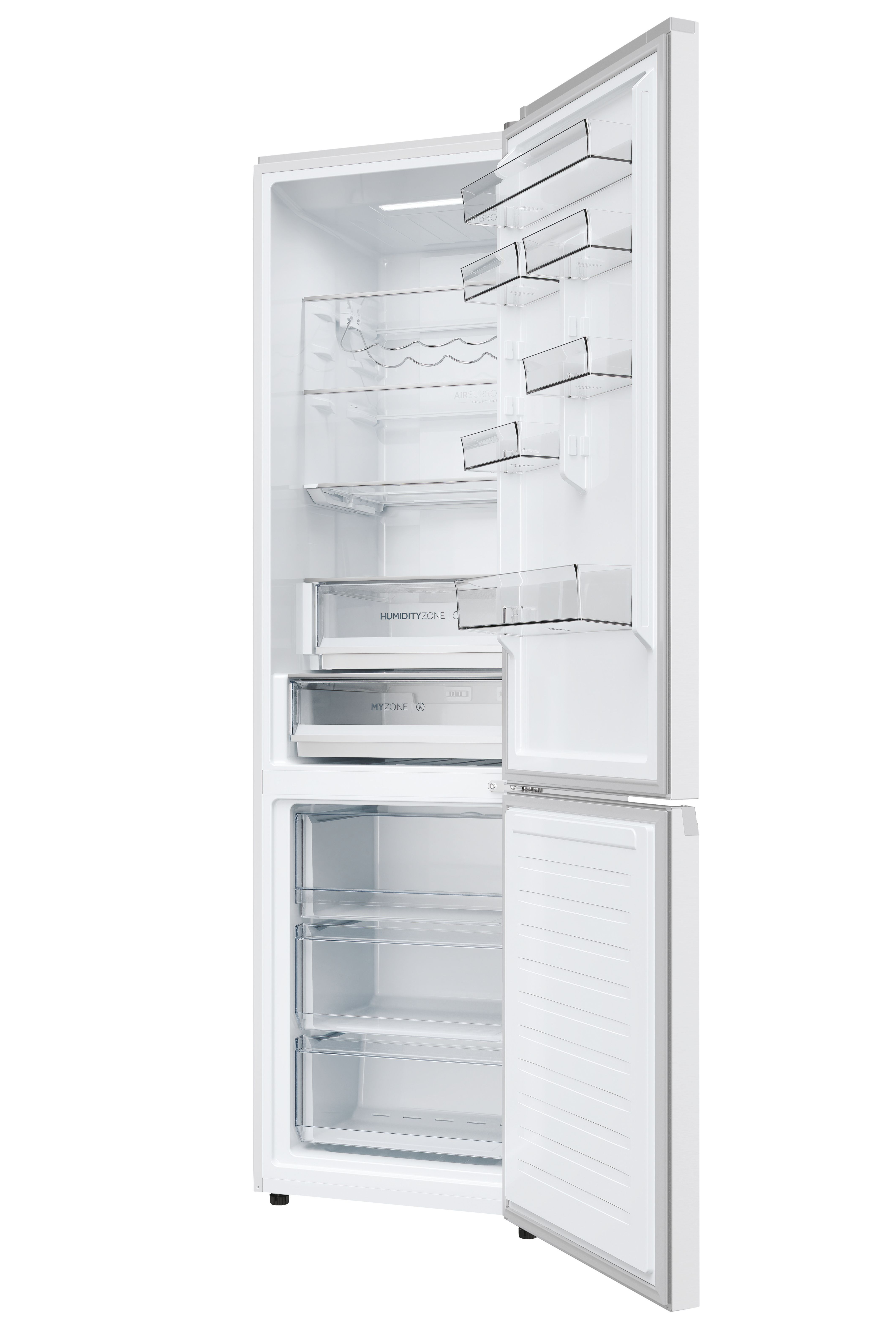 Un refrigerador blanco, abierto para mostrar el interior. Se ven estantes y cajones, con alimentos dentro.