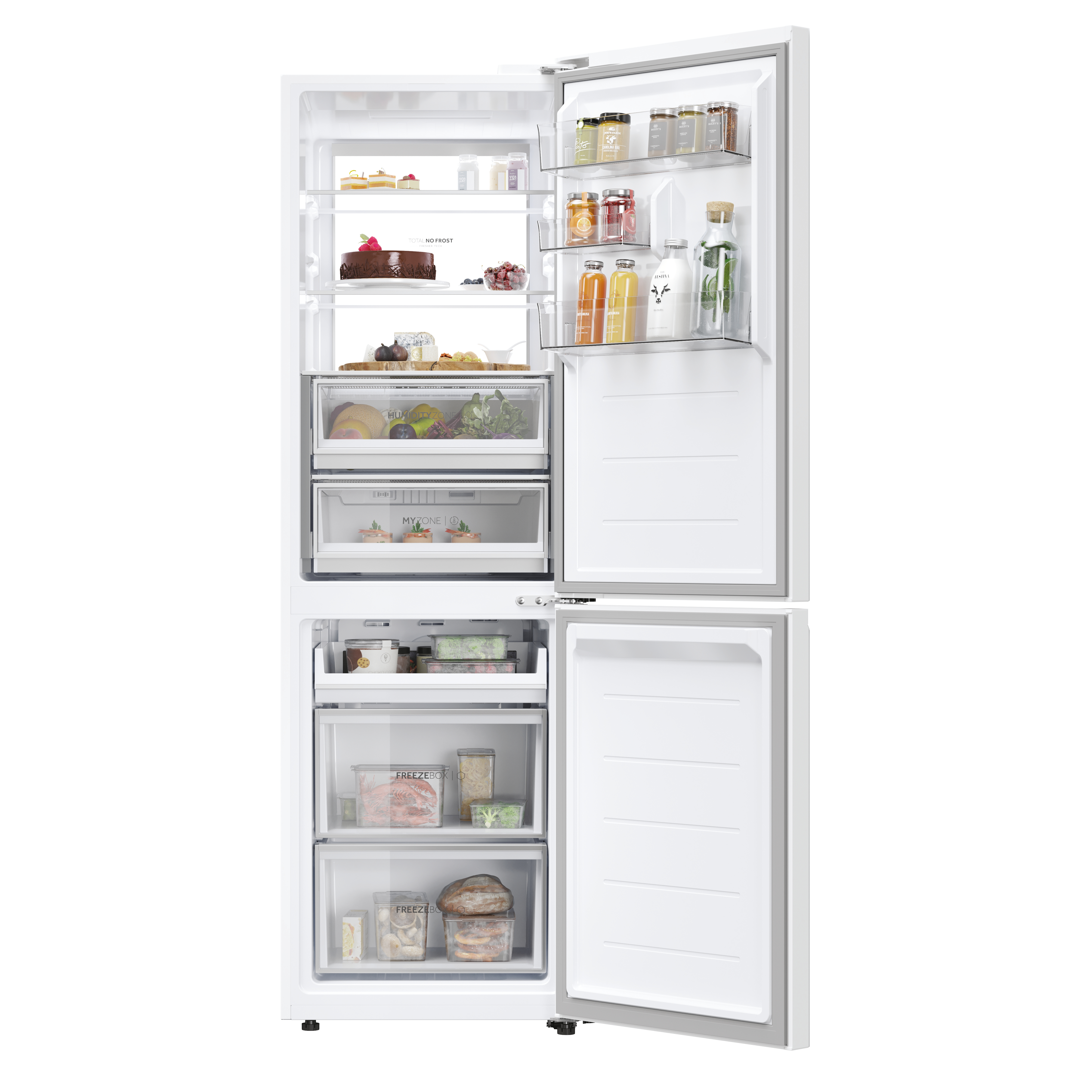 Un refrigerador blanco con puertas abiertas lleno de comida y bebidas. El congelador está abierto.