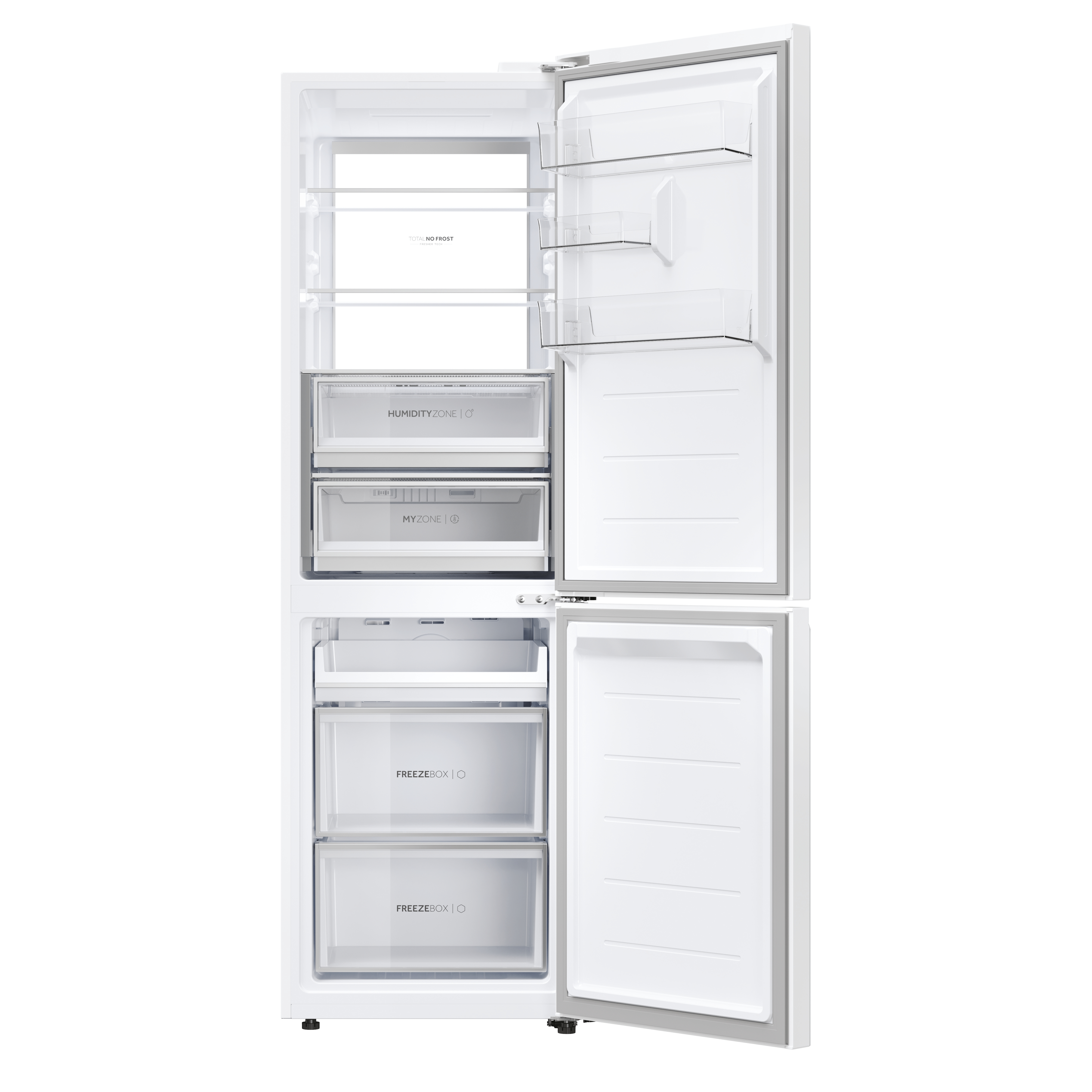 Un refrigerador blanco con puertas abiertas, que muestra estantes, cajones y una sección de congelador con dos cajones.