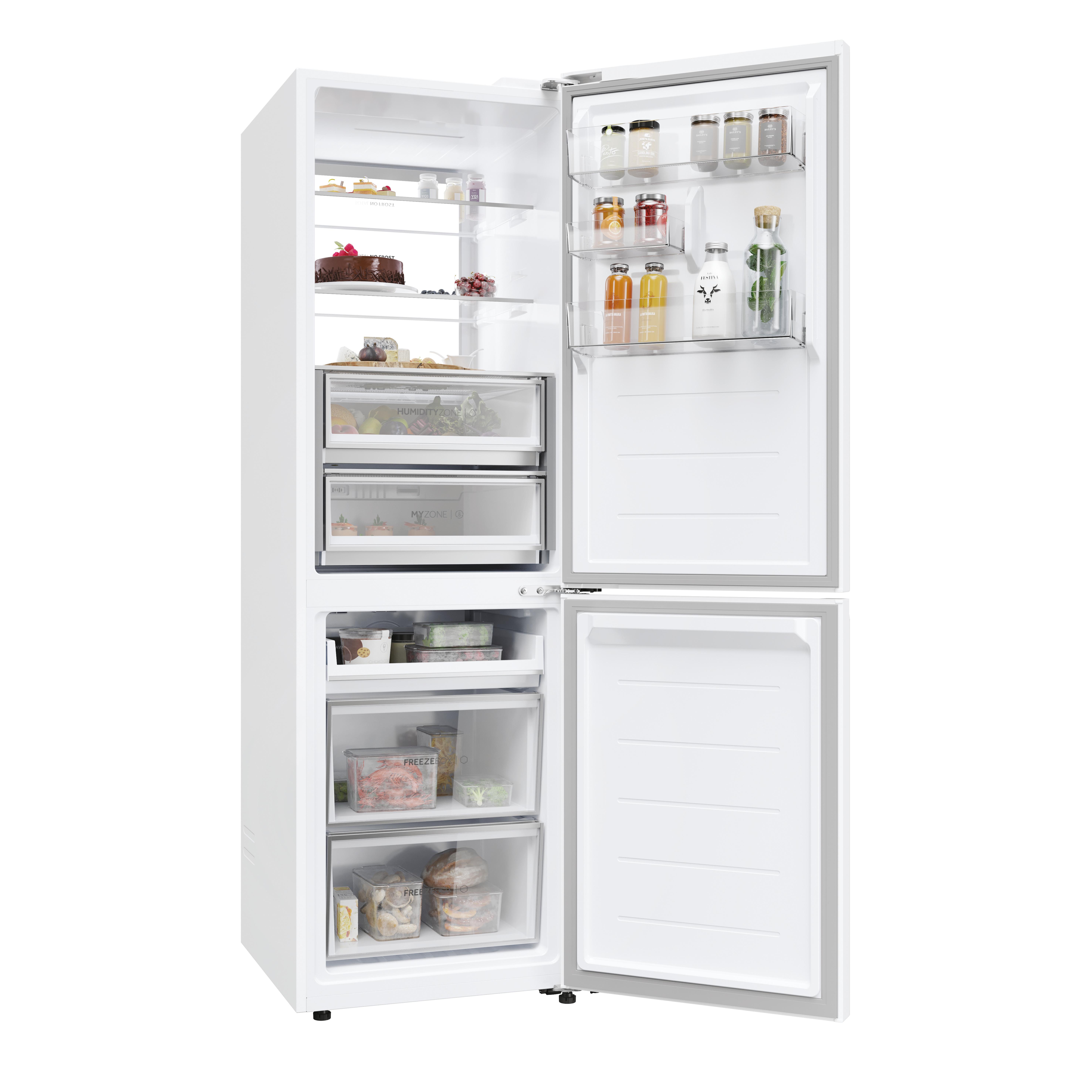Refrigerador blanco, puertas abiertas, lleno de alimentos. Arriba: pastel. Medio: frutas, verduras. Abajo: cajones con comida.