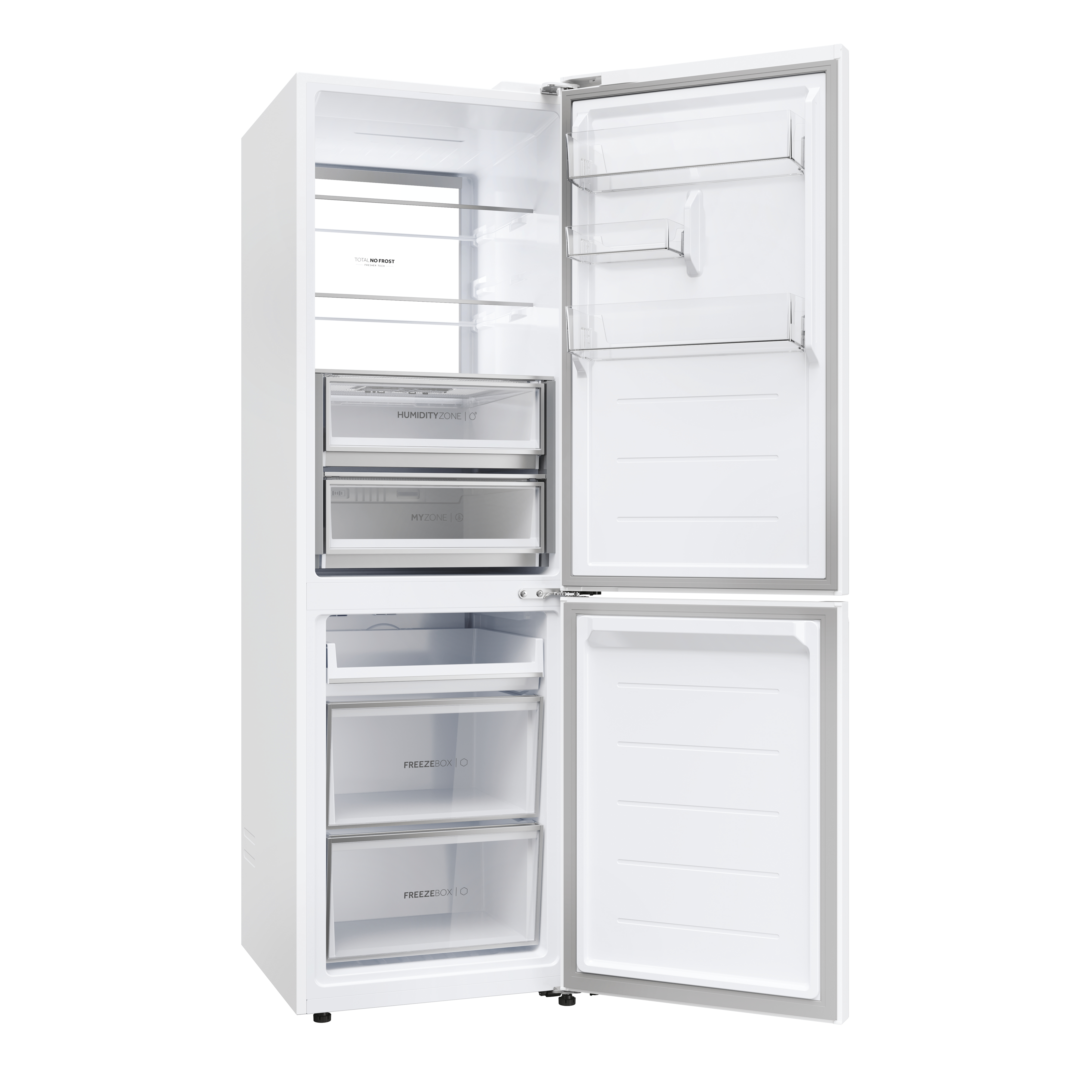 Refrigerador blanco, puertas abiertas, vacío por dentro. Estantes superiores, cajones medios con Humedad y Mi Zona, cajones inferiores.