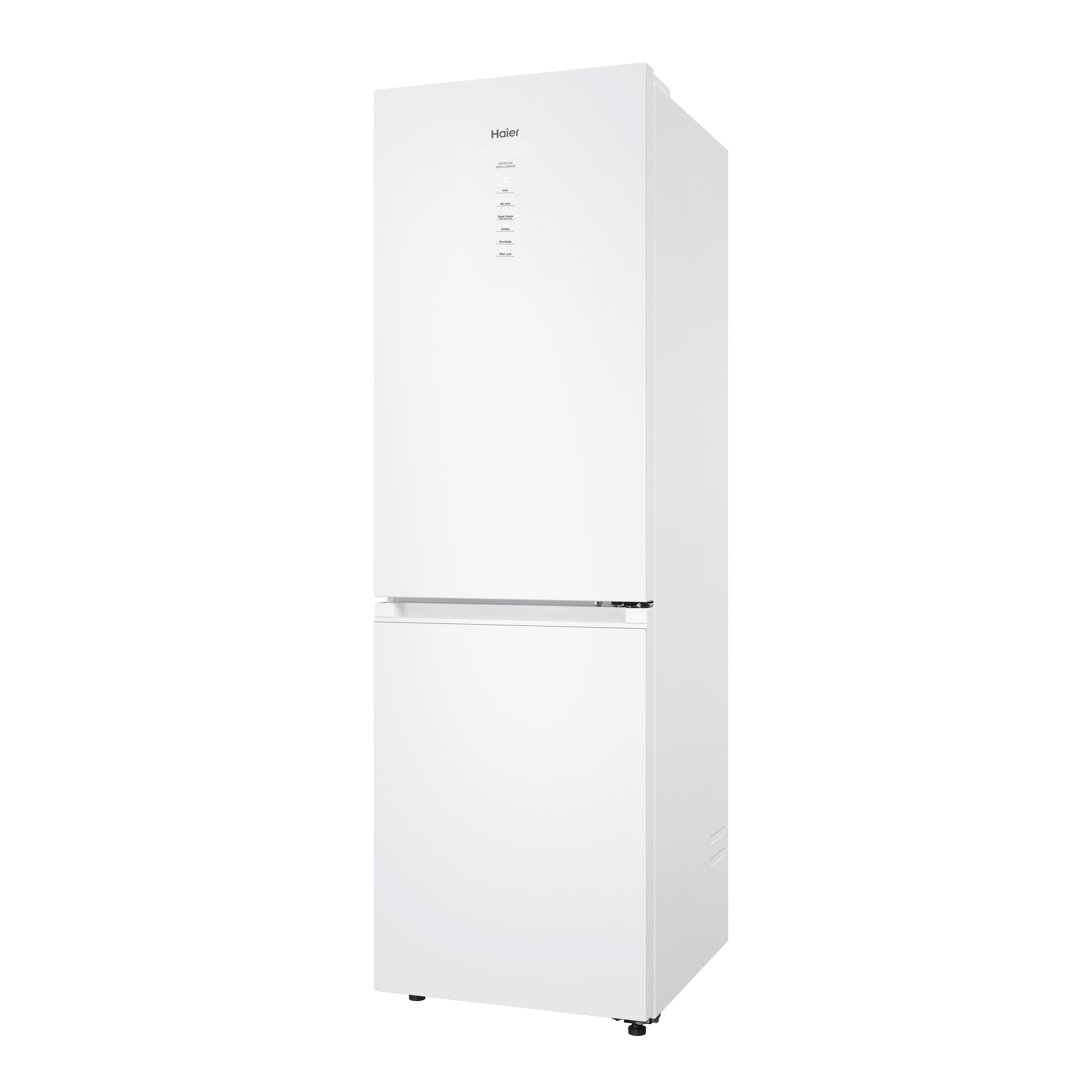 Un refrigerador blanco con el logo de Haier en la parte superior. Controles en la puerta.