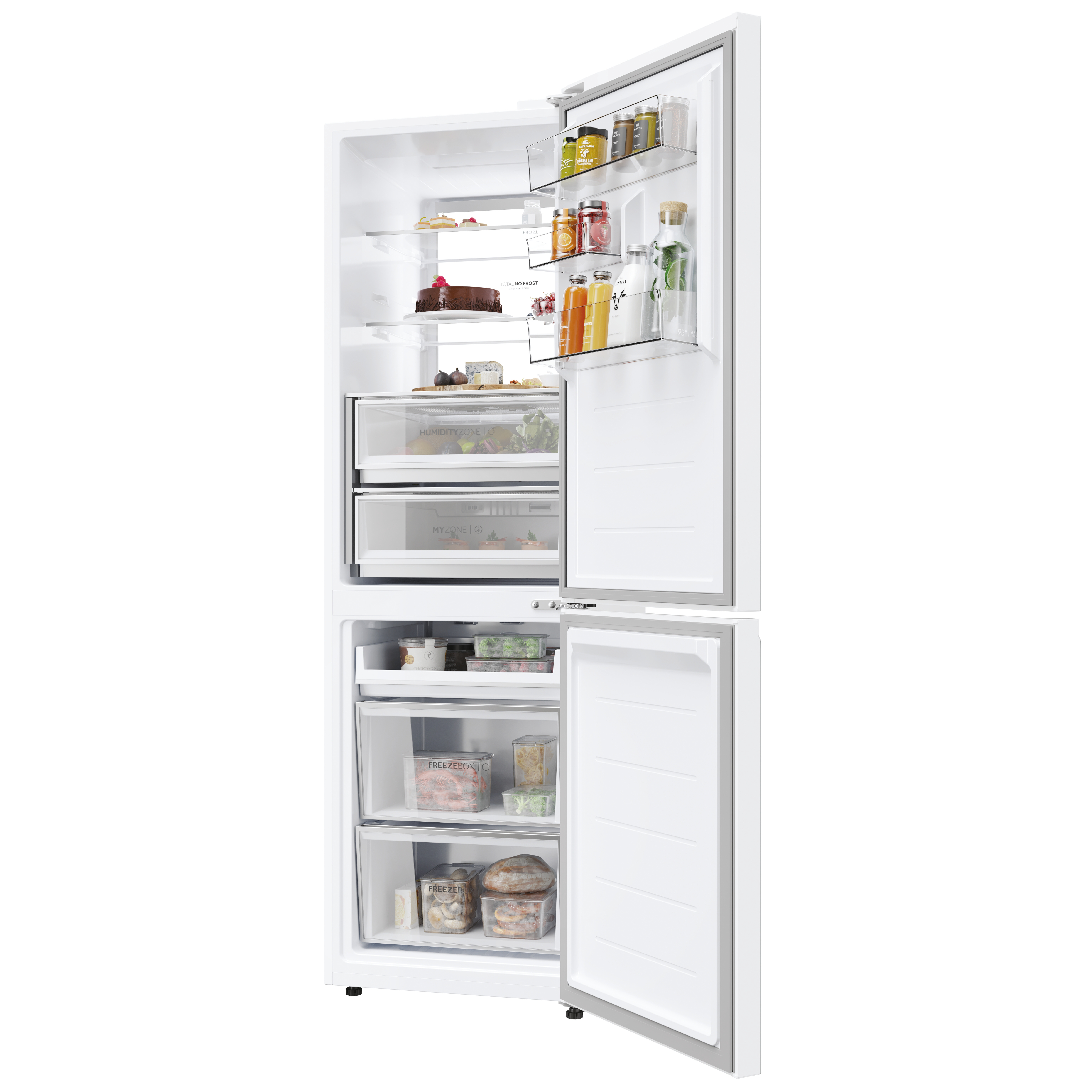 Refrigerador blanco, puertas abiertas, lleno de alimentos. Arriba: pastel. Medio: frutas, verduras. Abajo: cajones con comida.