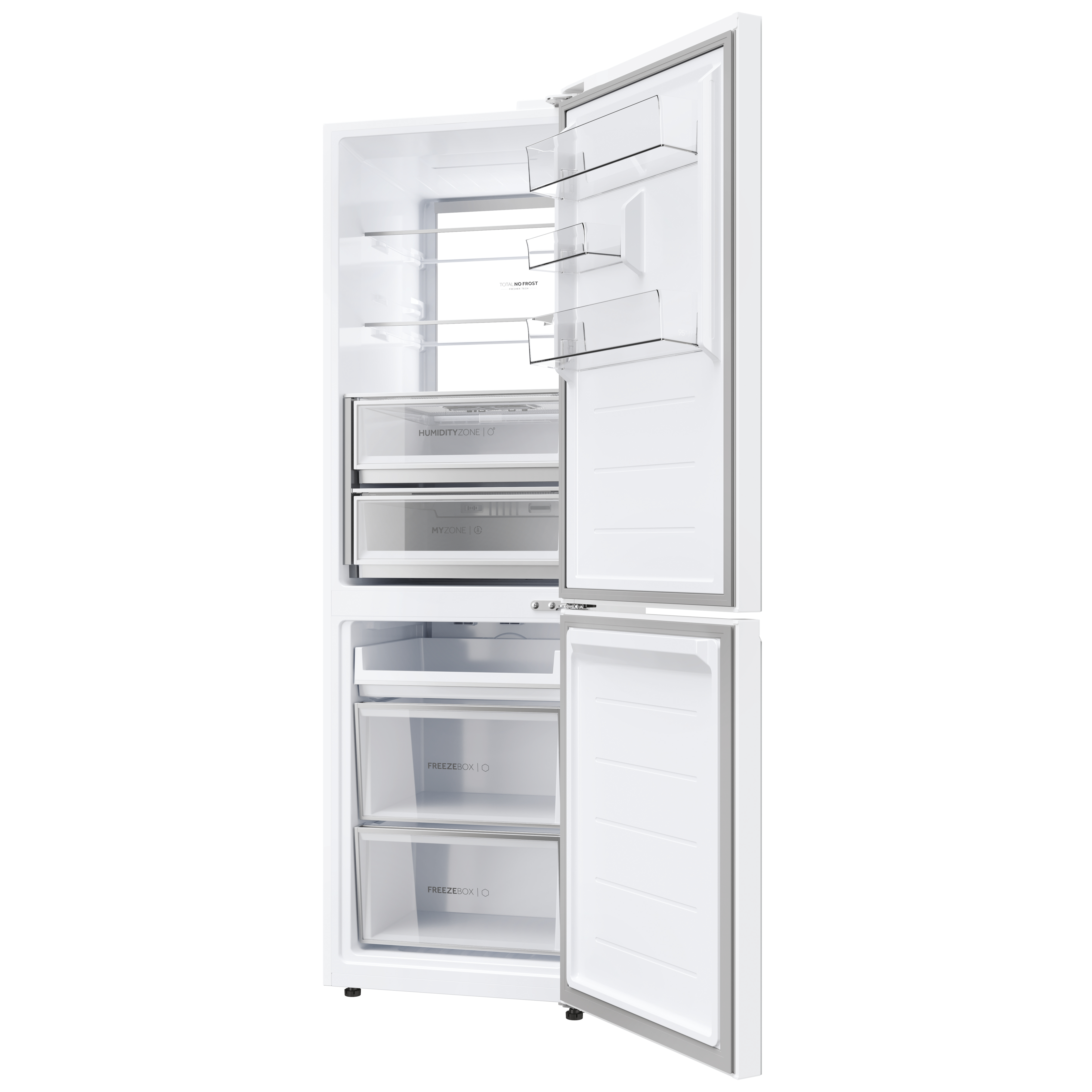 Refrigerador blanco con puertas abiertas. En el interior hay estantes, cajones y el congelador. El fondo es blanco.