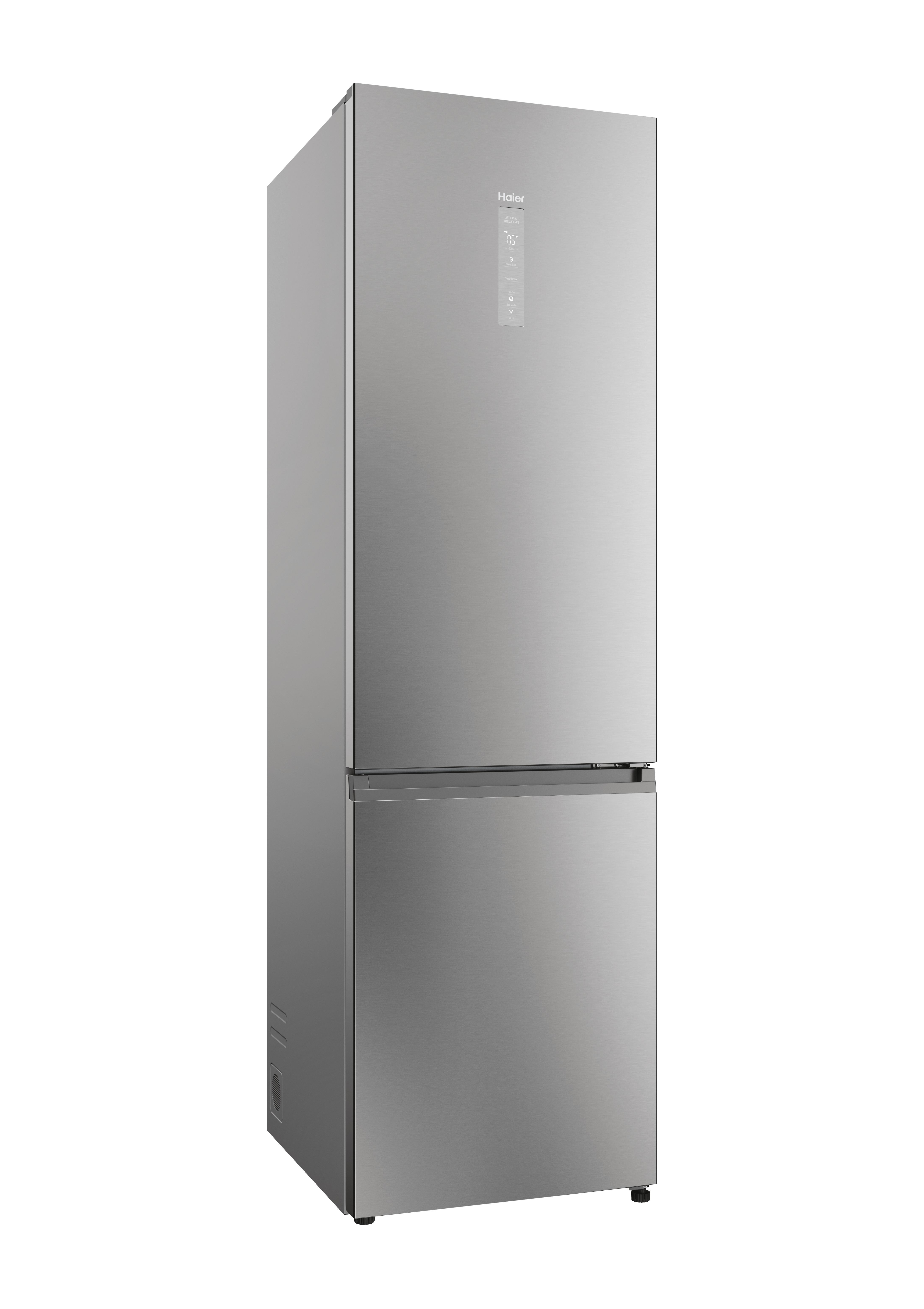 Refrigerador plateado con diseño de dos puertas y pantalla digital. El refrigerador está cerrado.