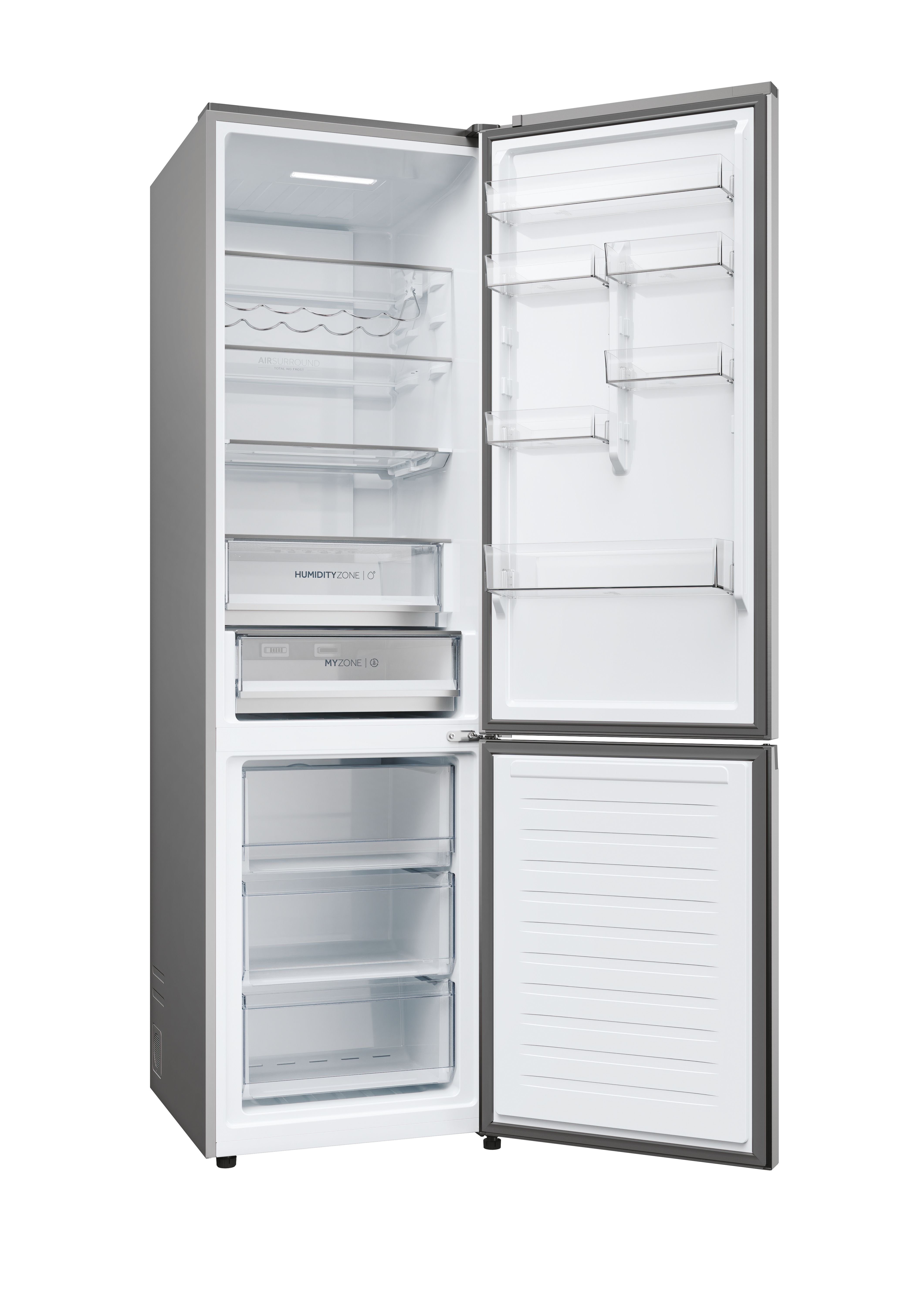 Refrigerador plateado, puertas abiertas, vacío. Estantes, cajones. Estantes superiores, Humidity Zone y My Zone, cajones inferiores.