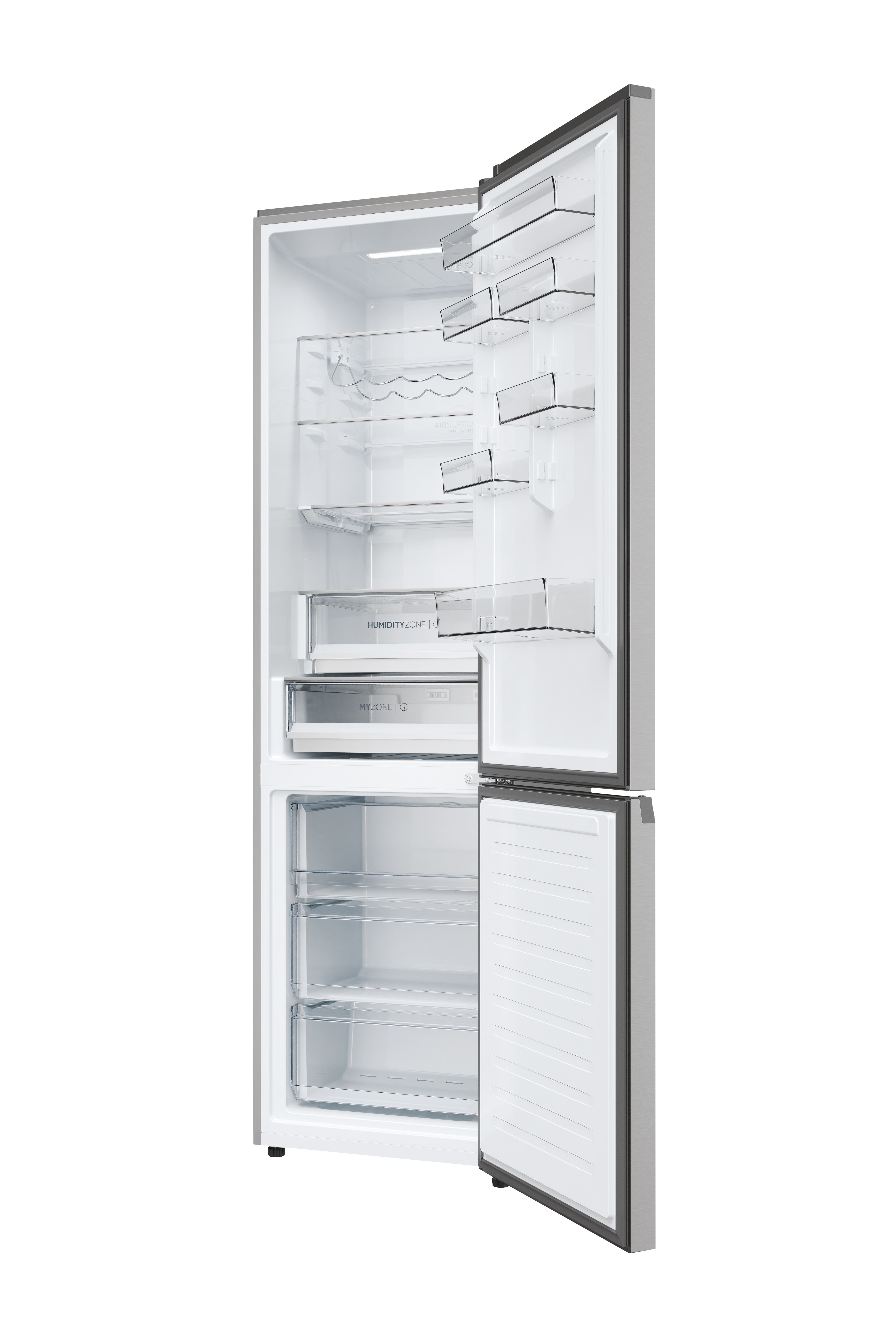 Refrigerador abierto con estantes, cajones y contenidos, como frutas y verduras.