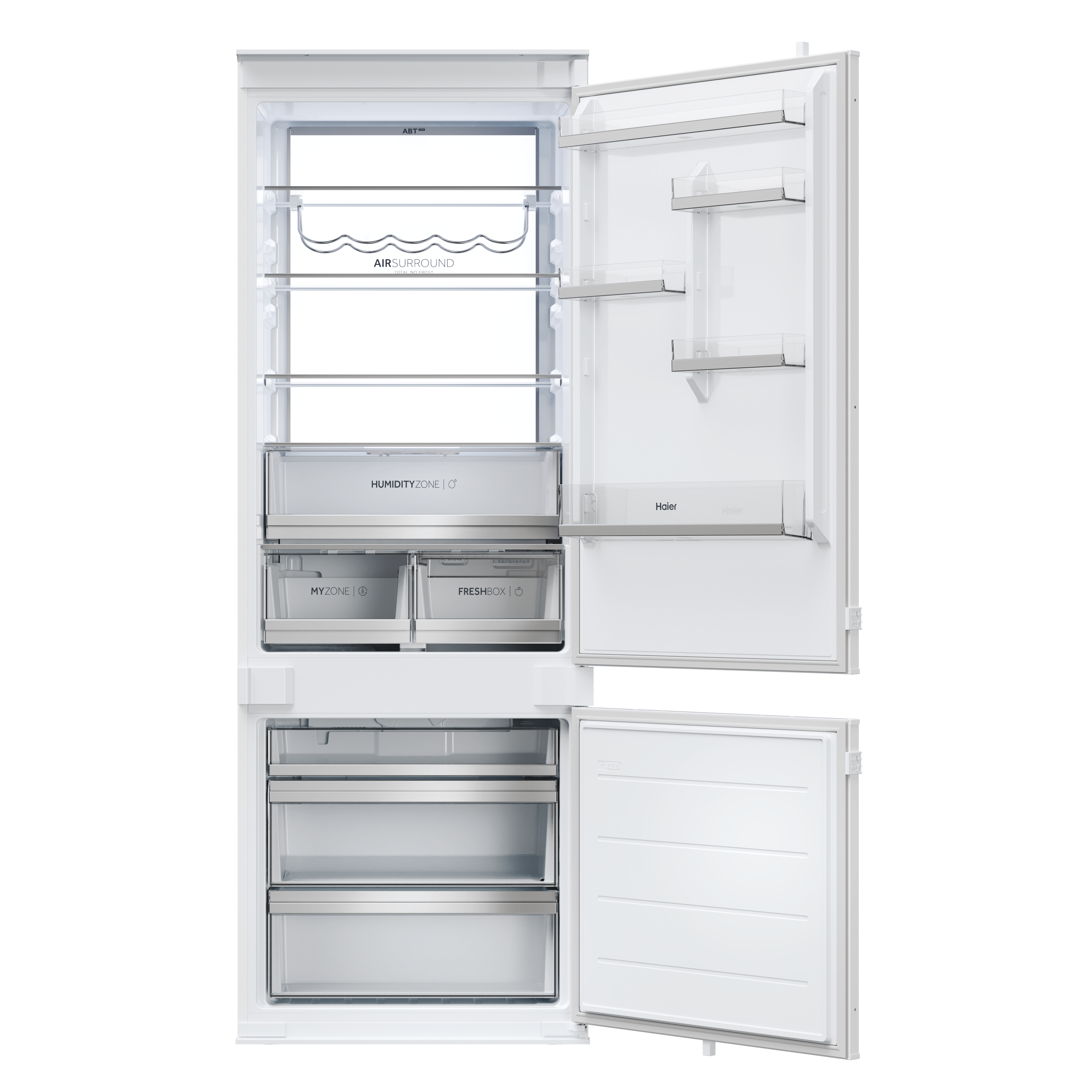 Interior de refrigerador blanco con puertas abiertas, mostrando estantes, cajones y compartimentos para guardar alimentos.