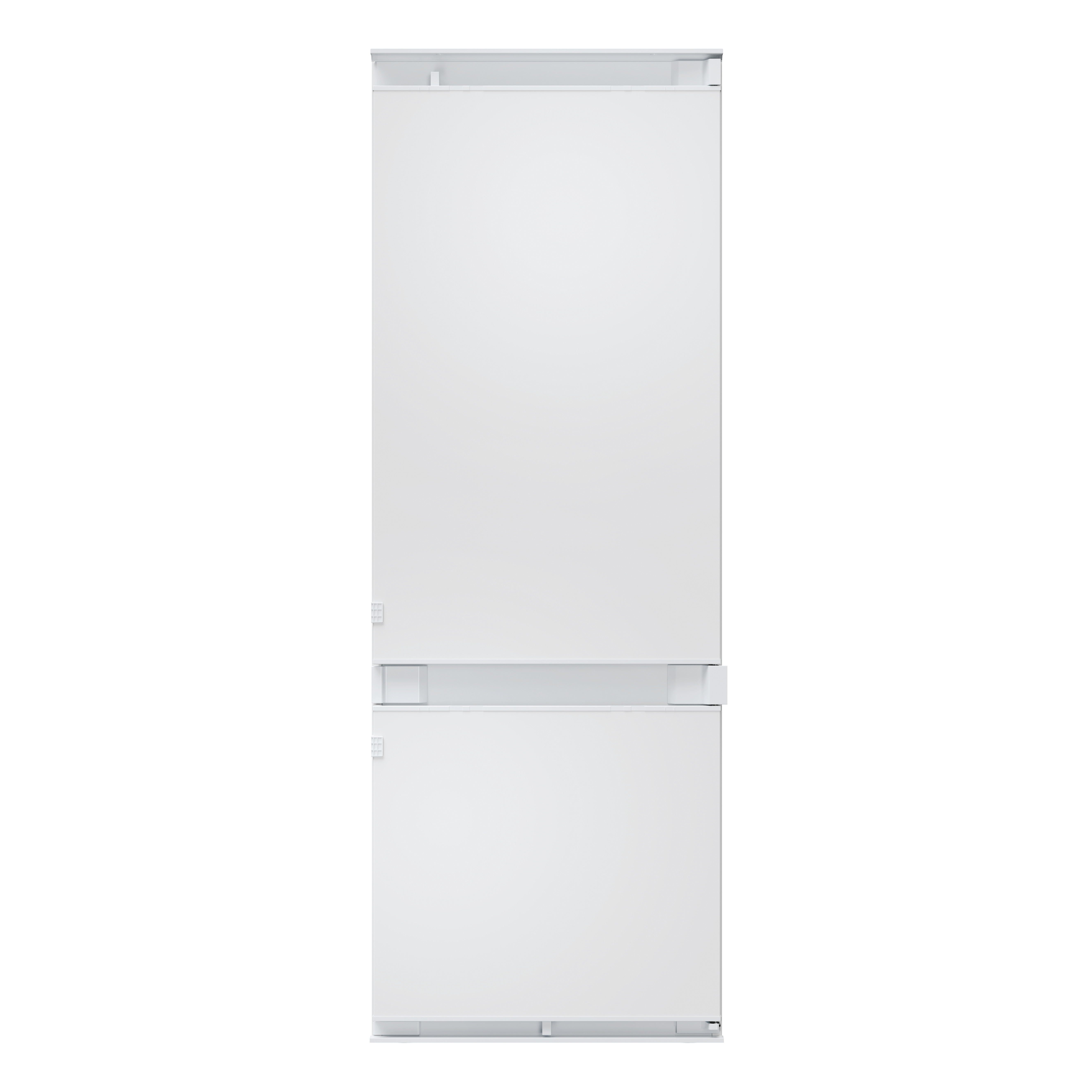 Refrigerador blanco con puertas cerradas. Diseño minimalista, líneas limpias y aspecto moderno.