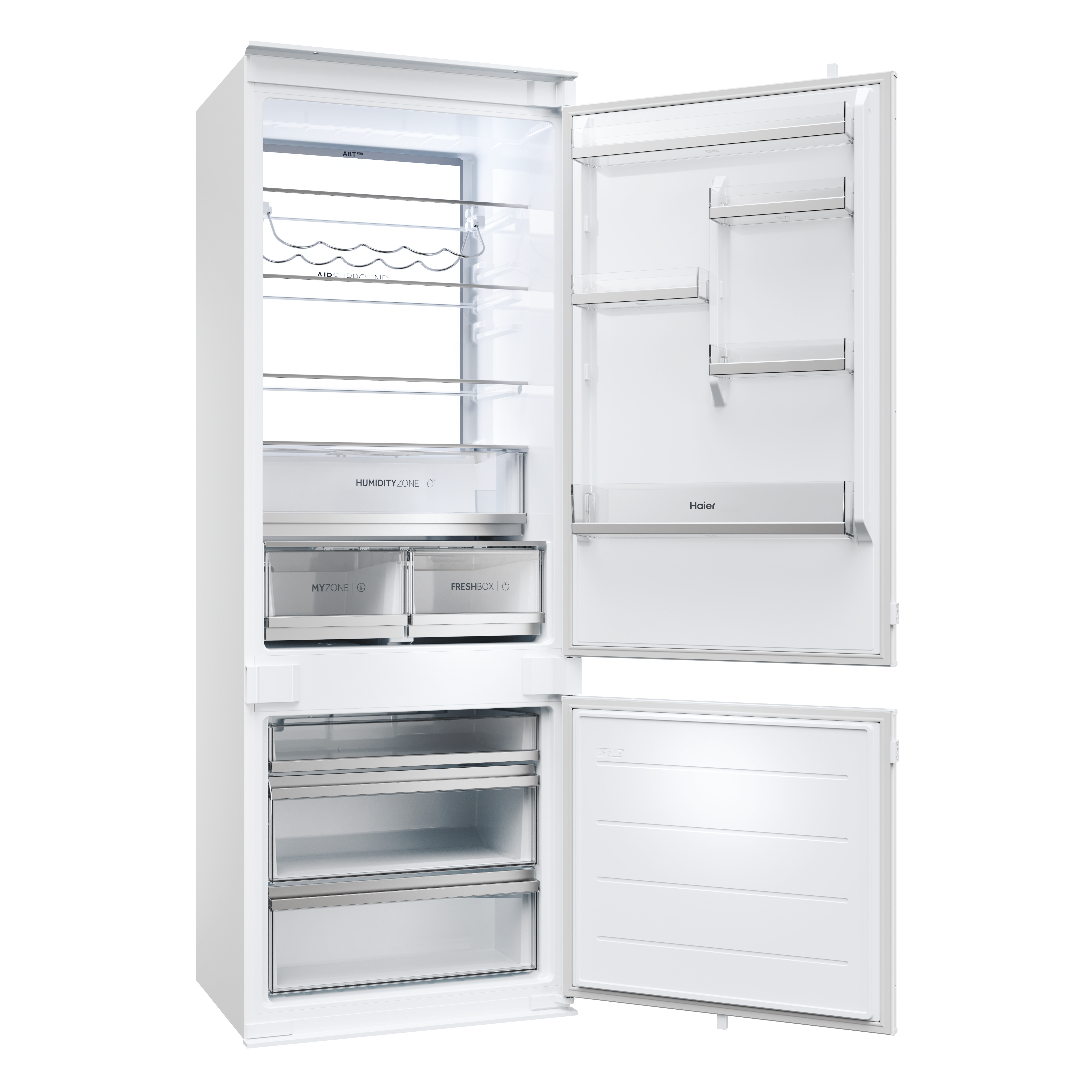 Refrigerador blanco con puertas abiertas mostrando estantes de comida y bebidas. Fondo blanco. Marca Haier.