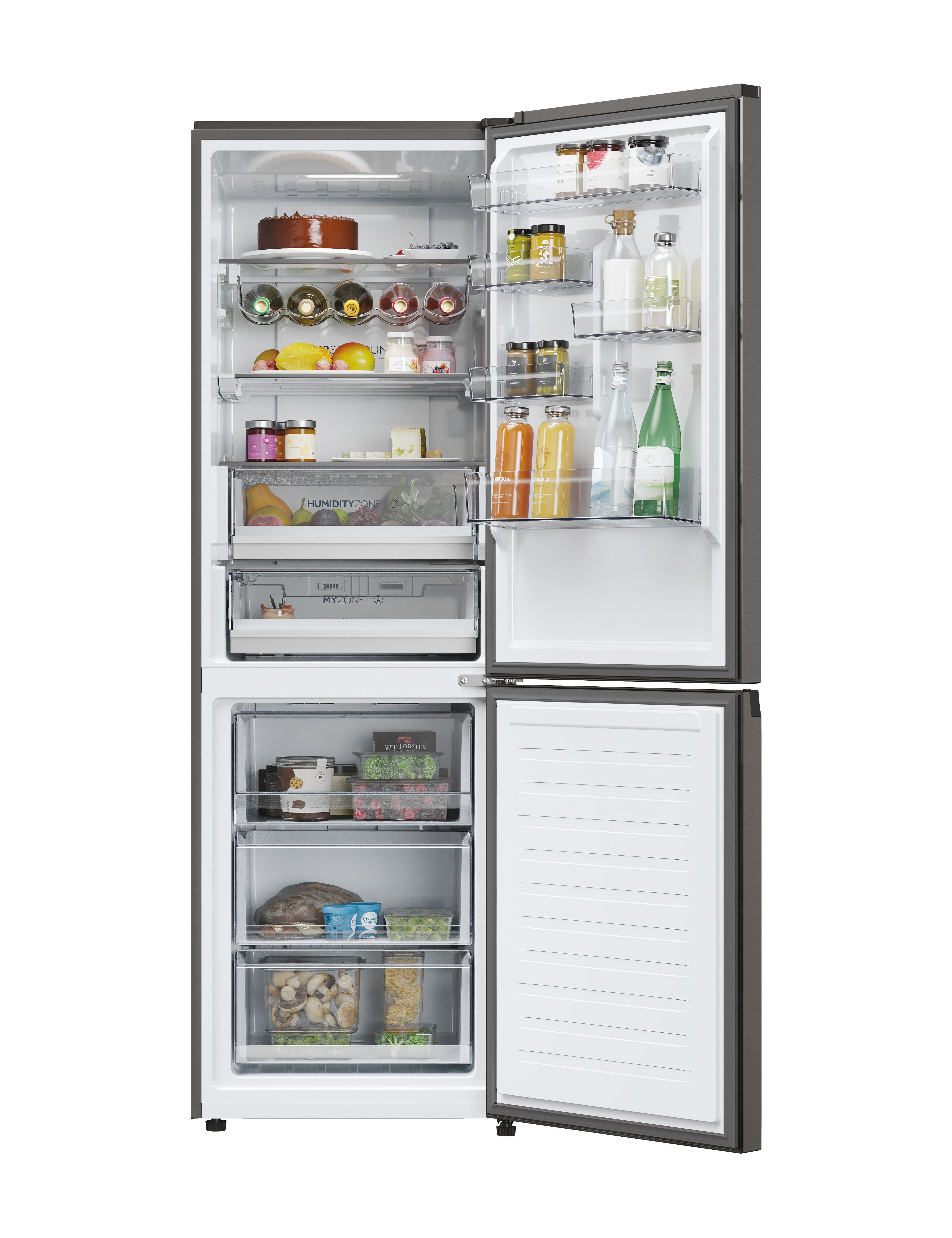 Interior del refrigerador con puertas abiertas, completamente lleno. Varios alimentos son visibles. Interior blanco.