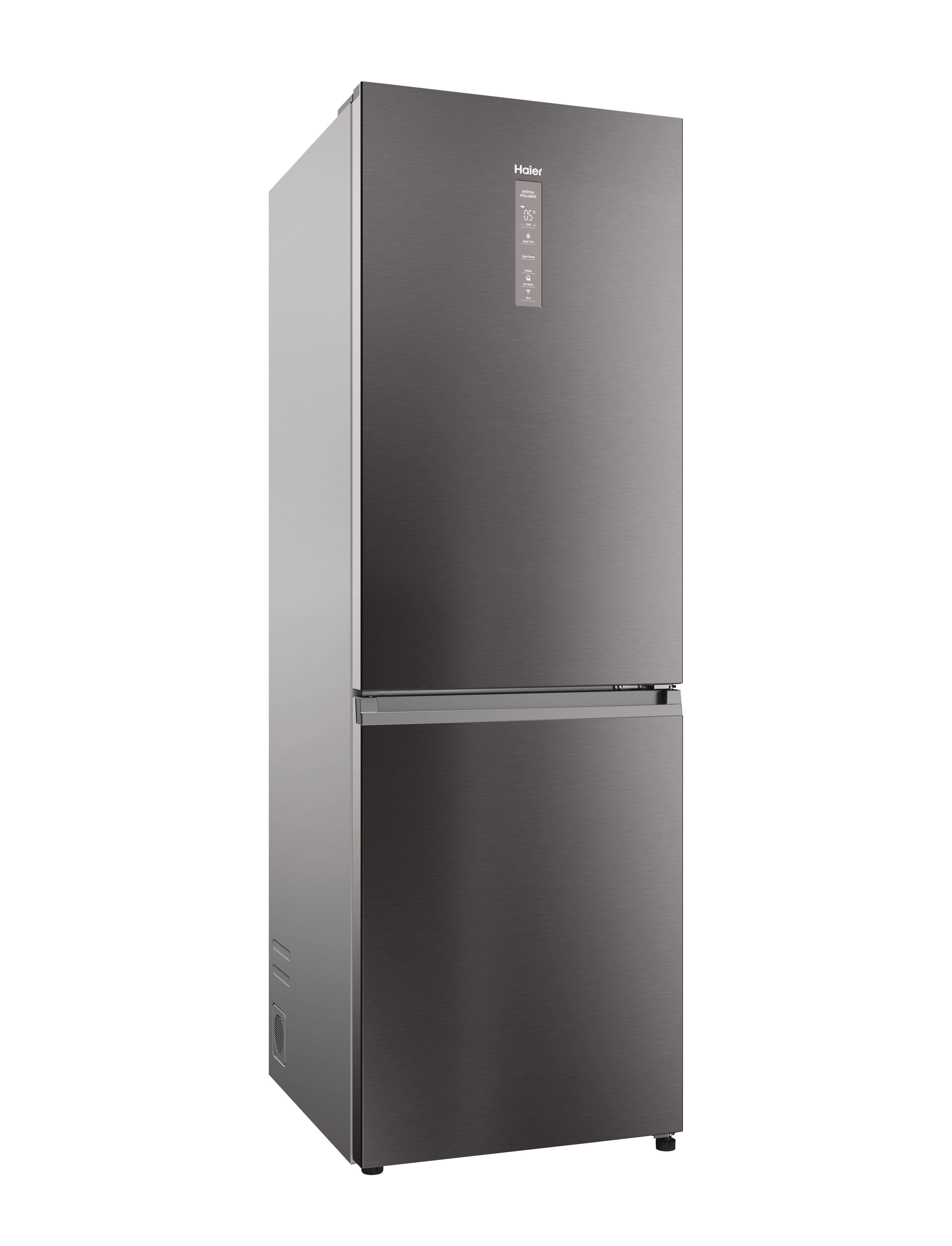 Un refrigerador gris oscuro con dos puertas. Una pantalla digital está en la parte superior. El fondo es blanco.